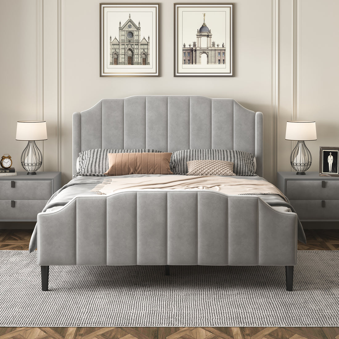 Queen Size Upholstered Platform Bed With Headboard And Footboard,No Box Spring Needed, Velvet Fabric,Gray Gray Velvet