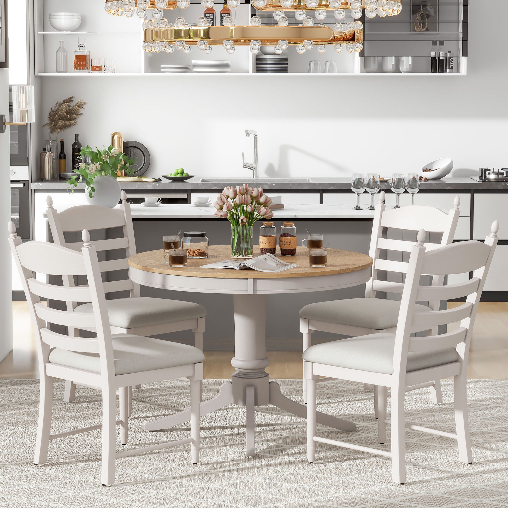 5 Piece Retro Functional Dining Table Set Wood Round Extendable Dining Table And 4 Upholstered Dining Chairs Off White Off White Solid Wood