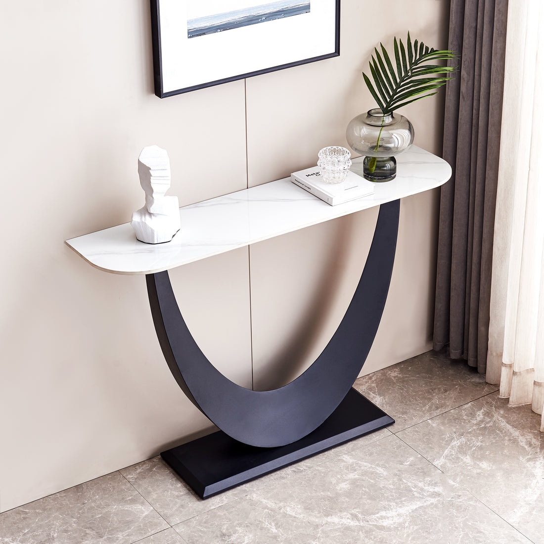 Modern Console Table, Exquisite Shape Design, Metal Frame With Adjustable Foot Pads For Entrance, Corridor, Living Room & Office. Black Black Steel