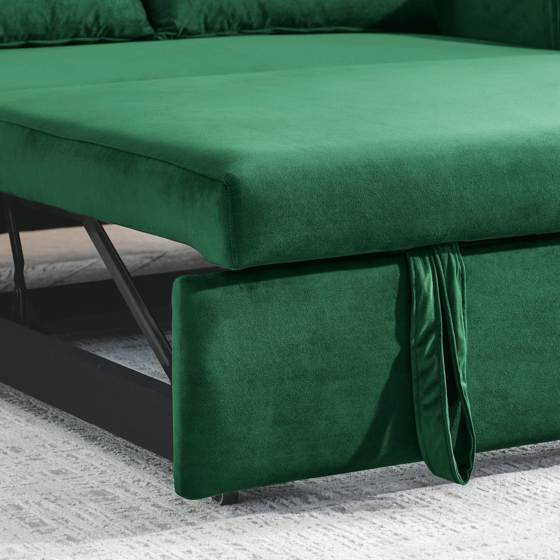 55" Modern Convertible Sofa Bed With 2 Detachable Arm Pockets, Velvet Loveseat Sofa With Pull Out Bed, 2 Pillows And Living Room Adjustable Backrest, Grid Design Armrests Green Foam Velvet