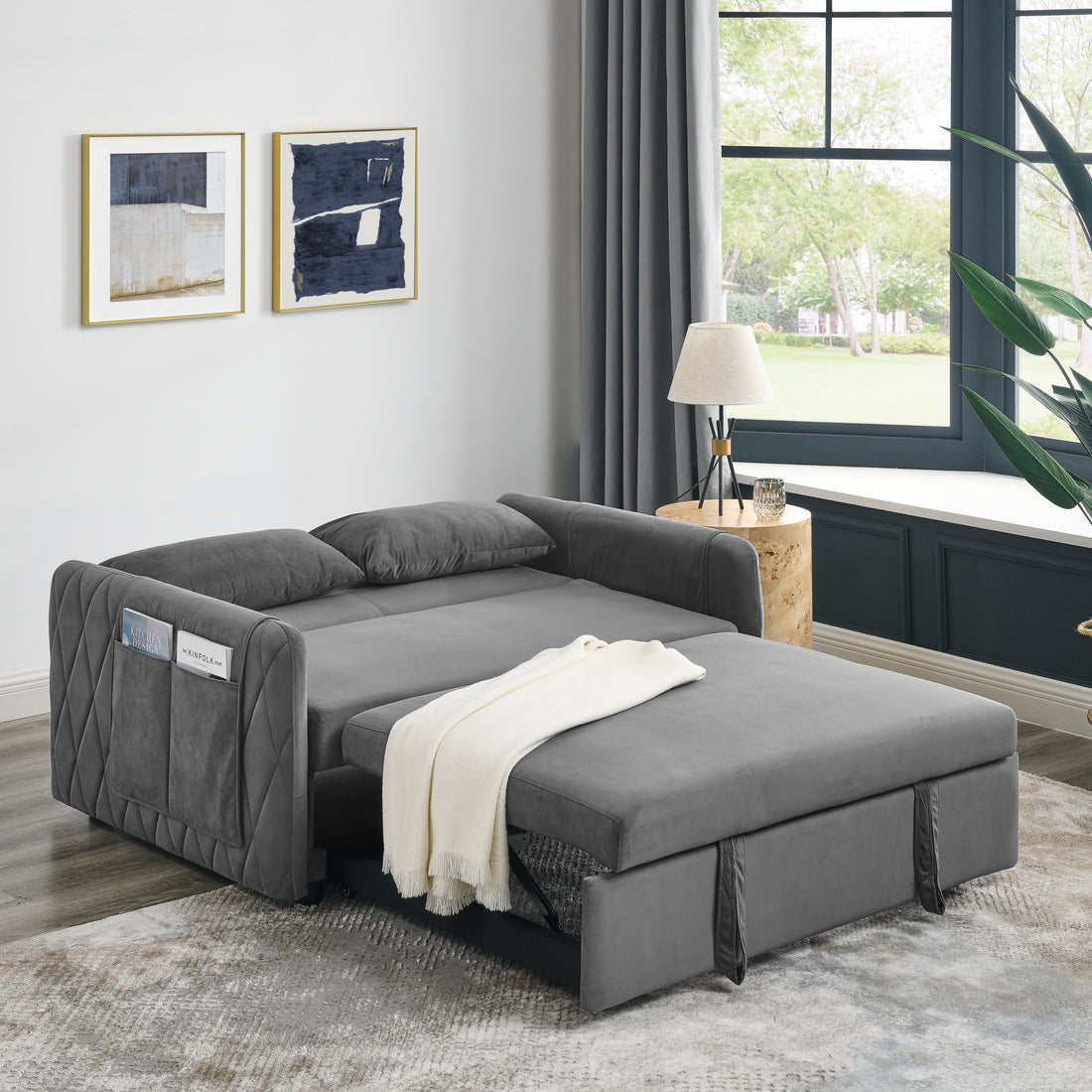 55" Modern Convertible Sofa Bed With 2 Detachable Arm Pockets, Velvet Loveseat Sofa With Pull Out Bed, 2 Pillows And Living Room Adjustable Backrest, Grid Design Armrests Grey Foam Velvet