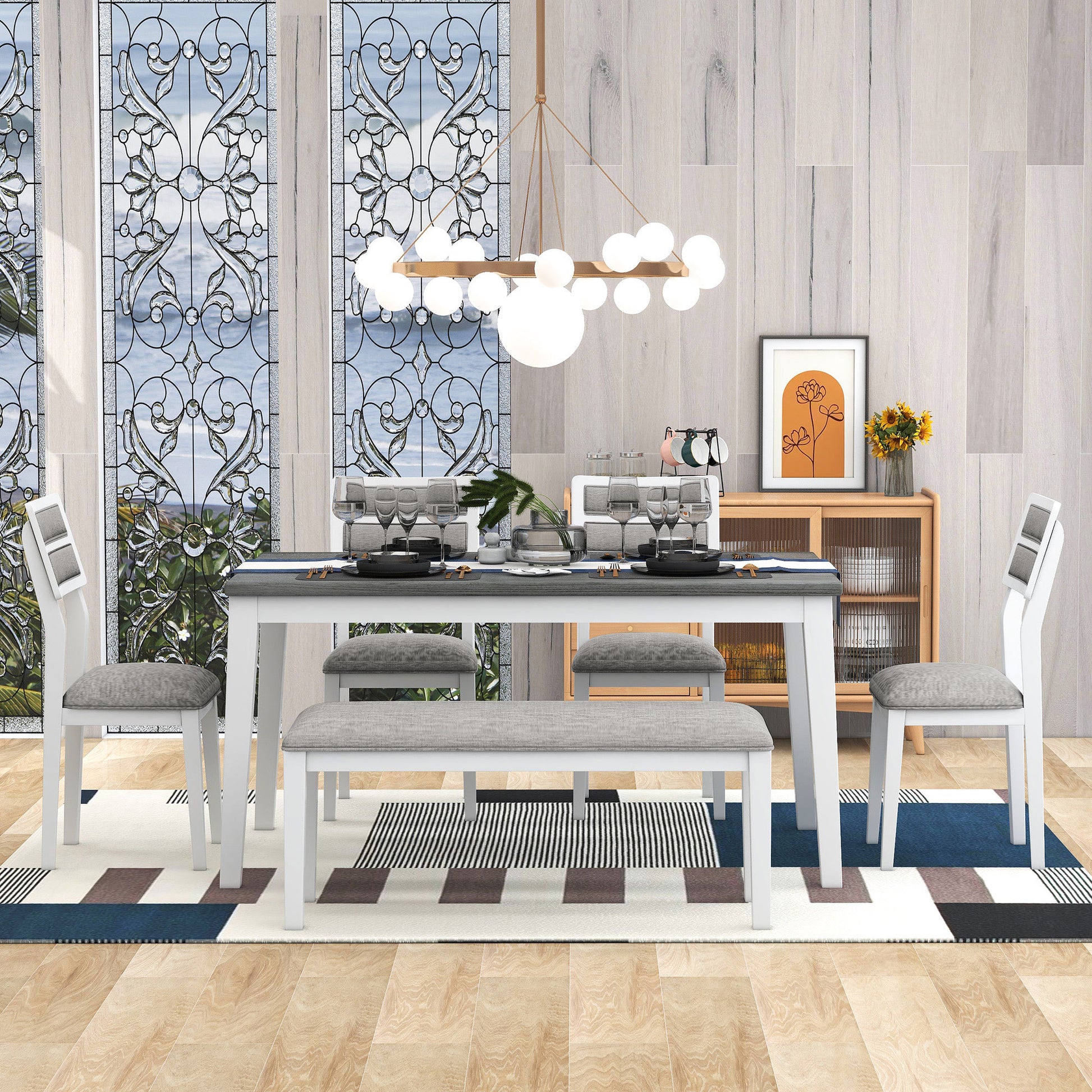 Classic And Traditional Style 6 Piece Dining Set, Includes Dining Table, 4 Upholstered Chairs & Bench White Gray White Gray Solid Wood