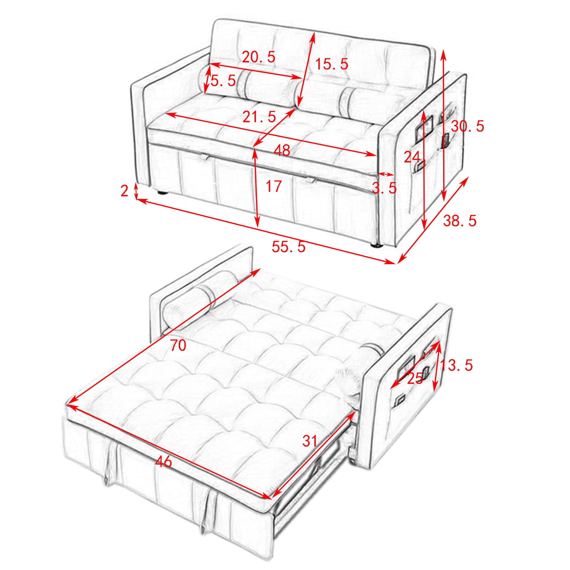 Modern 55.5" Pull Out Sleep Sofa Bed 2 Seater Loveseats Sofa Couch With Side Pockets, Adjsutable Backrest And Lumbar Pillows For Apartment Office Living Room Beige Foam Velvet