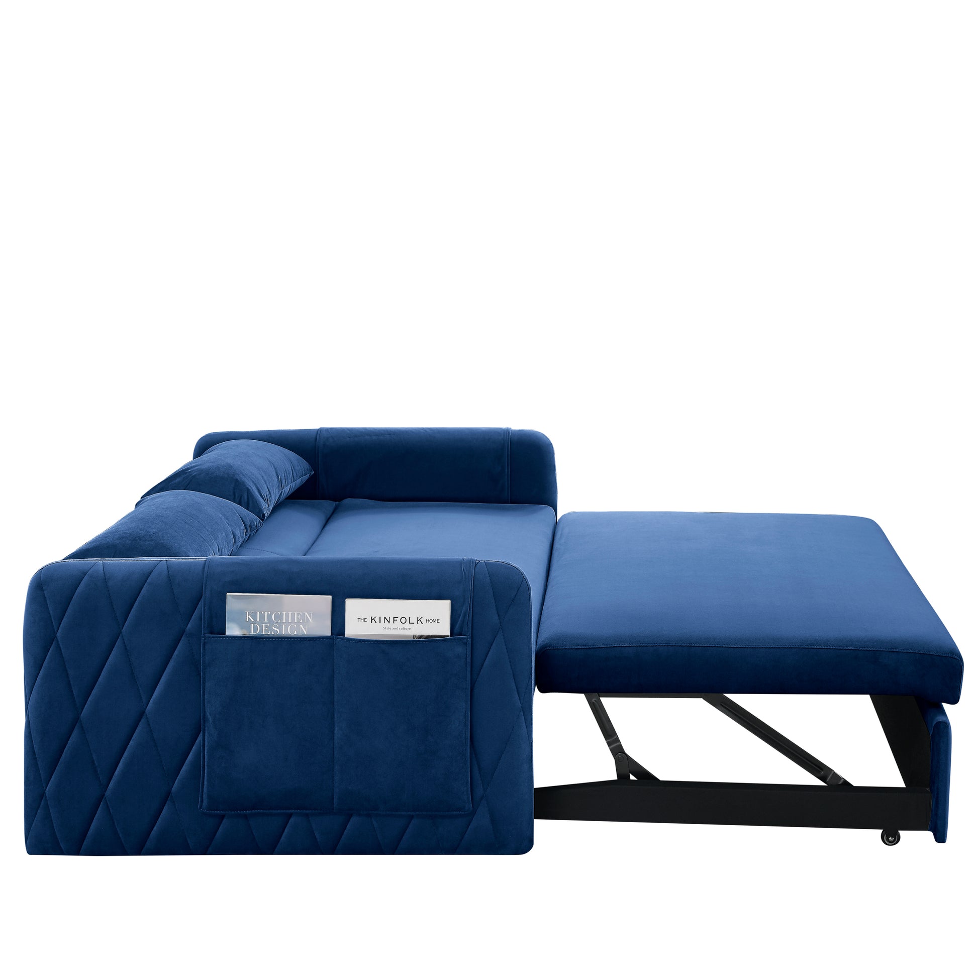 55" Modern Convertible Sofa Bed With 2 Detachable Arm Pockets, Velvet Loveseat Sofa With Pull Out Bed, 2 Pillows And Living Room Adjustable Backrest, Grid Design Armrests Blue Foam Velvet