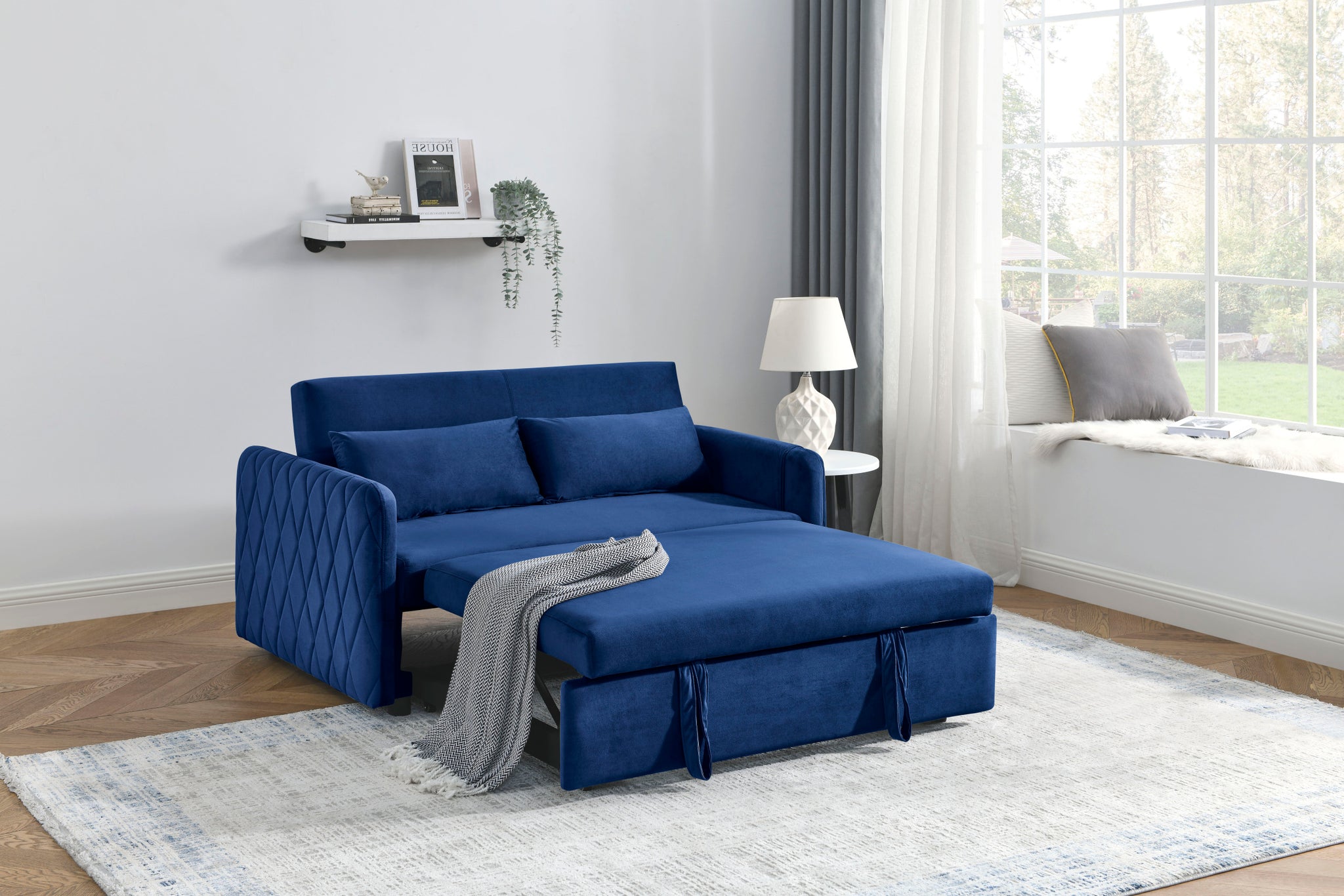 55" Modern Convertible Sofa Bed With 2 Detachable Arm Pockets, Velvet Loveseat Sofa With Pull Out Bed, 2 Pillows And Living Room Adjustable Backrest, Grid Design Armrests Blue Foam Velvet