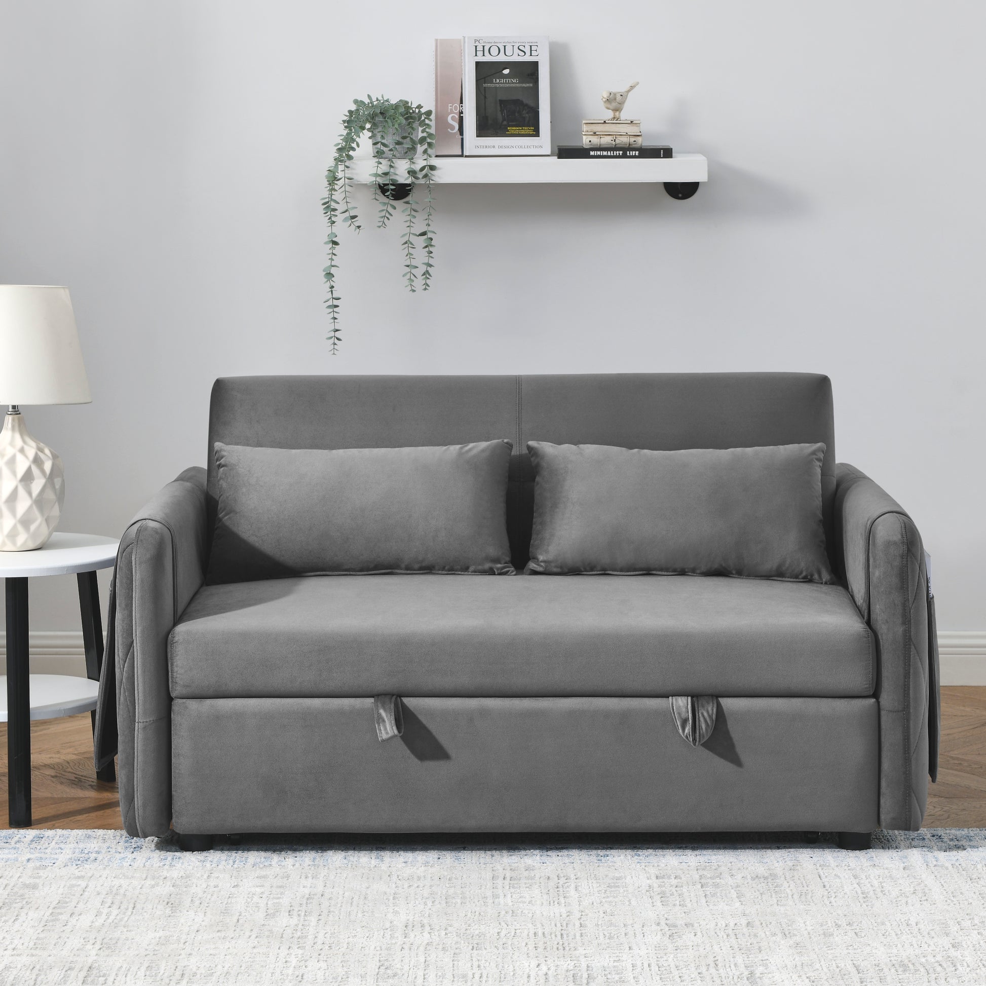 55" Modern Convertible Sofa Bed With 2 Detachable Arm Pockets, Velvet Loveseat Sofa With Pull Out Bed, 2 Pillows And Living Room Adjustable Backrest, Grid Design Armrests Grey Foam Velvet