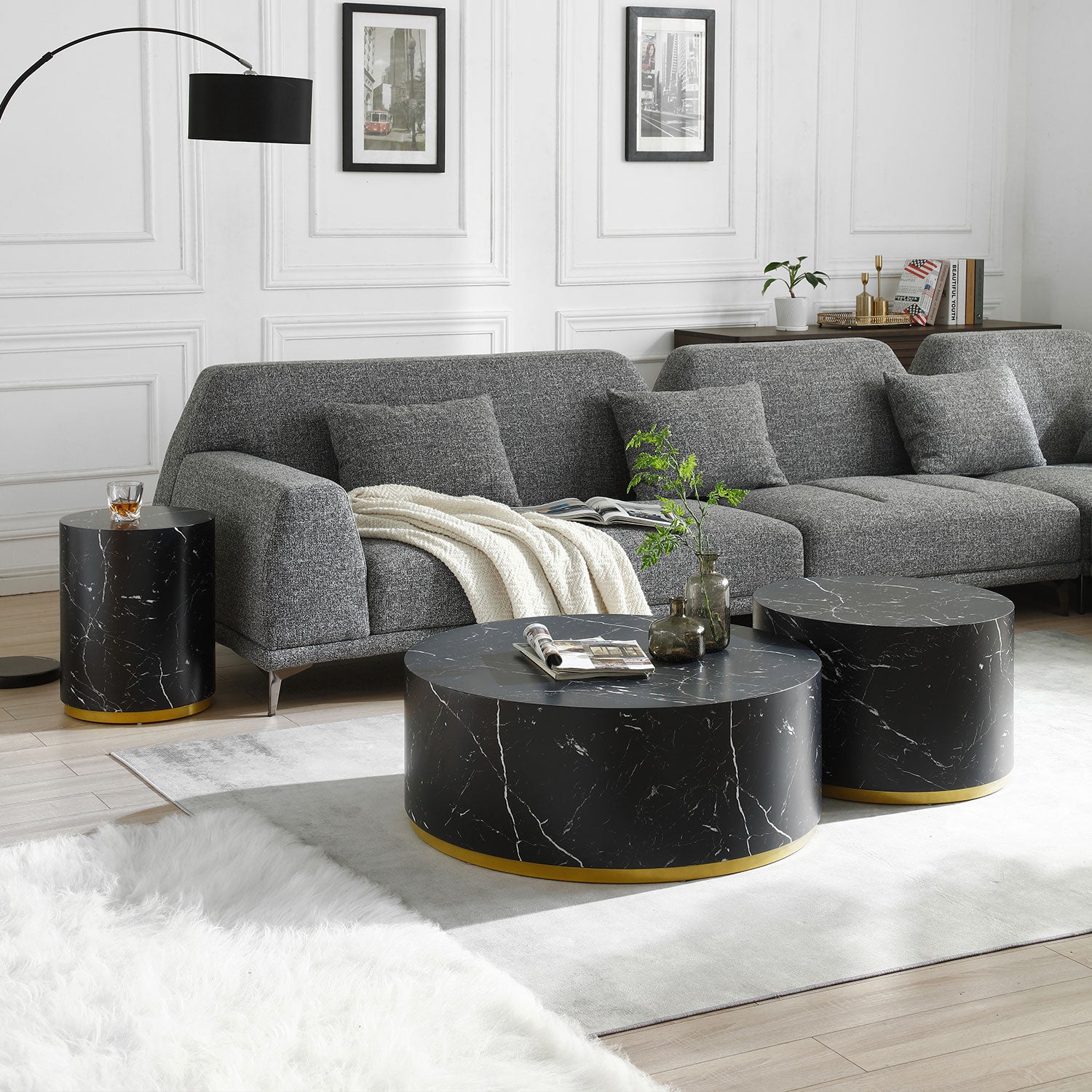 Set Of 3 Black Marble Pattern Round Coffee Table Side Table End Table Set For Living Room Fully Assembled Black Mdf