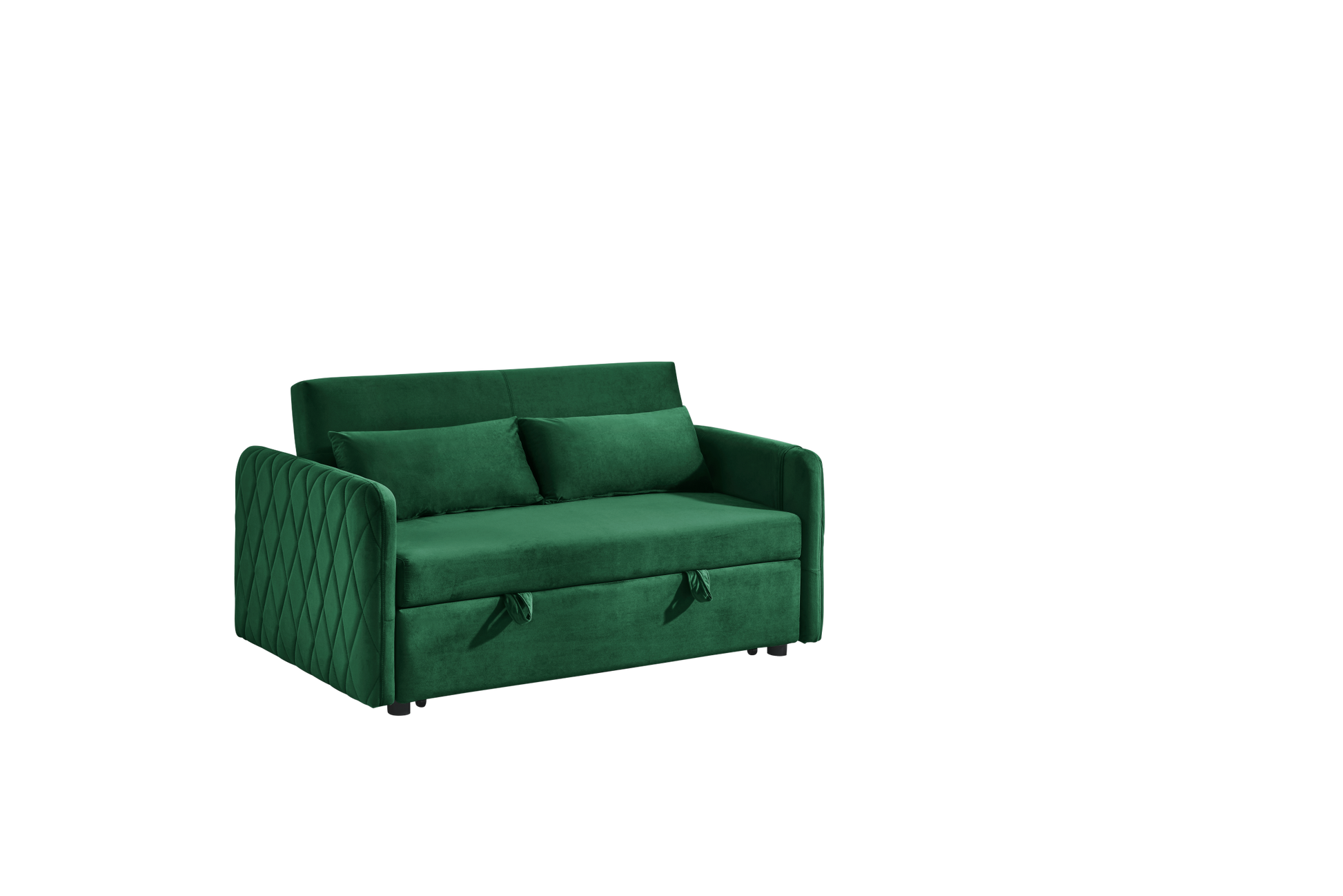 55" Modern Convertible Sofa Bed With 2 Detachable Arm Pockets, Velvet Loveseat Sofa With Pull Out Bed, 2 Pillows And Living Room Adjustable Backrest, Grid Design Armrests Green Foam Velvet