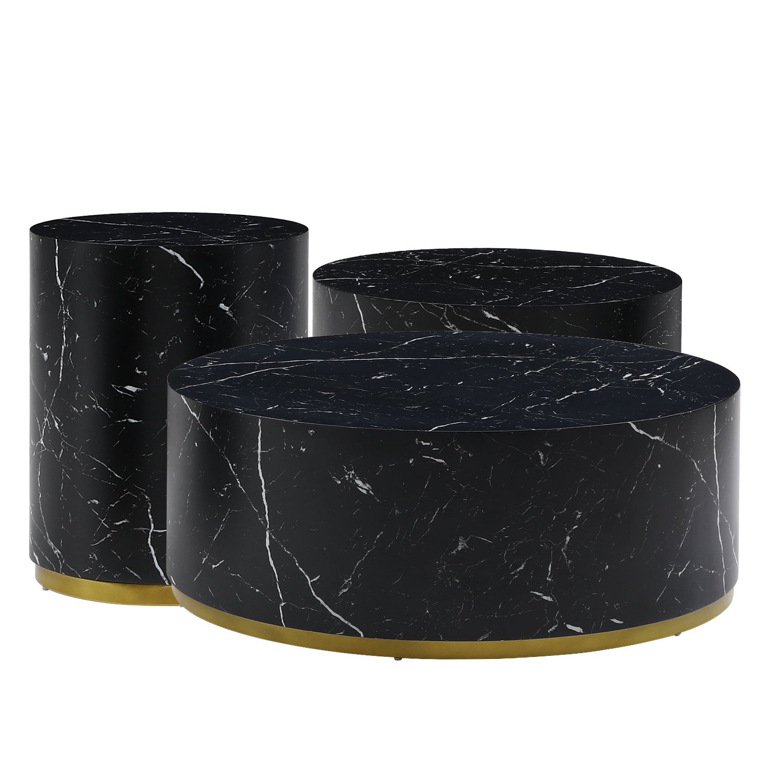 Set Of 3 Black Marble Pattern Round Coffee Table Side Table End Table Set For Living Room Fully Assembled Black Mdf