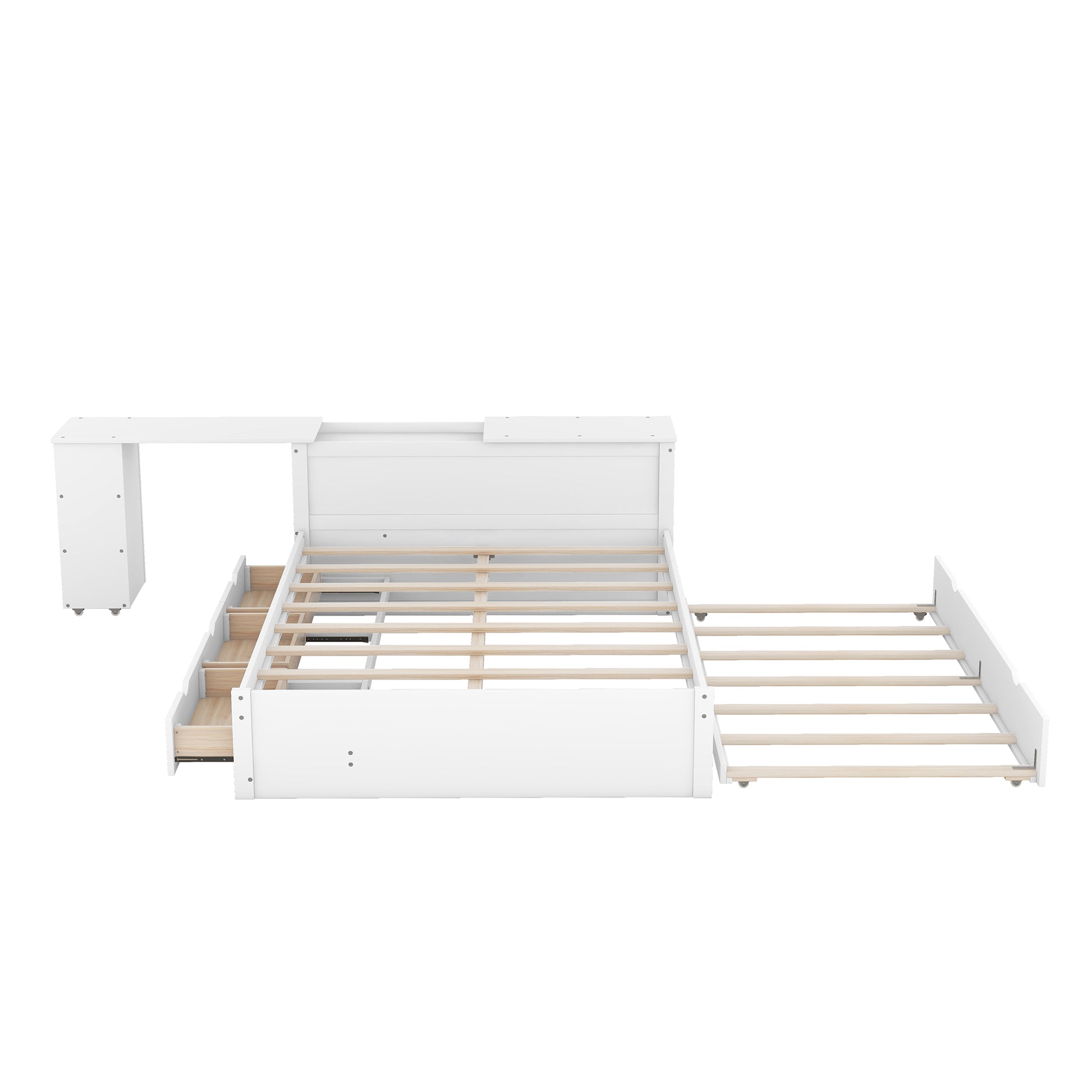 Full Size Platform Bed With A Rolling Shelf, White White Solid Wood Mdf