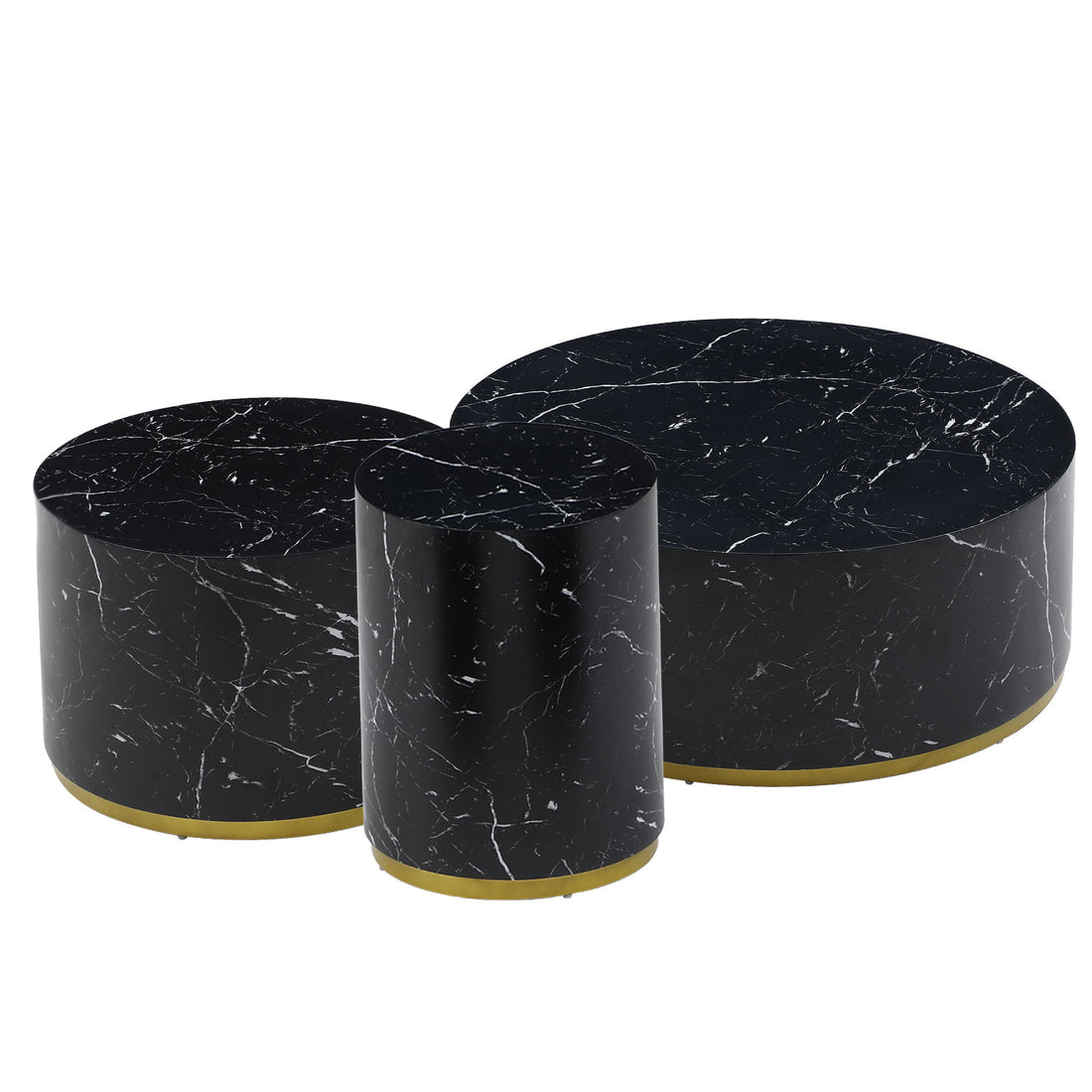 Set Of 3 Black Marble Pattern Round Coffee Table Side Table End Table Set For Living Room Fully Assembled Black Mdf