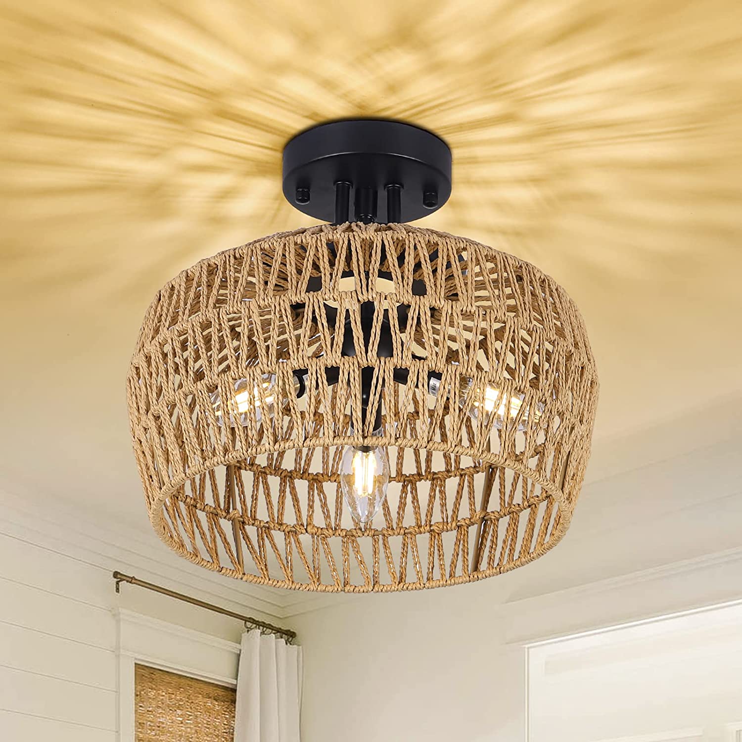 Rattan Semi Flush Mount Black Brown Rattan