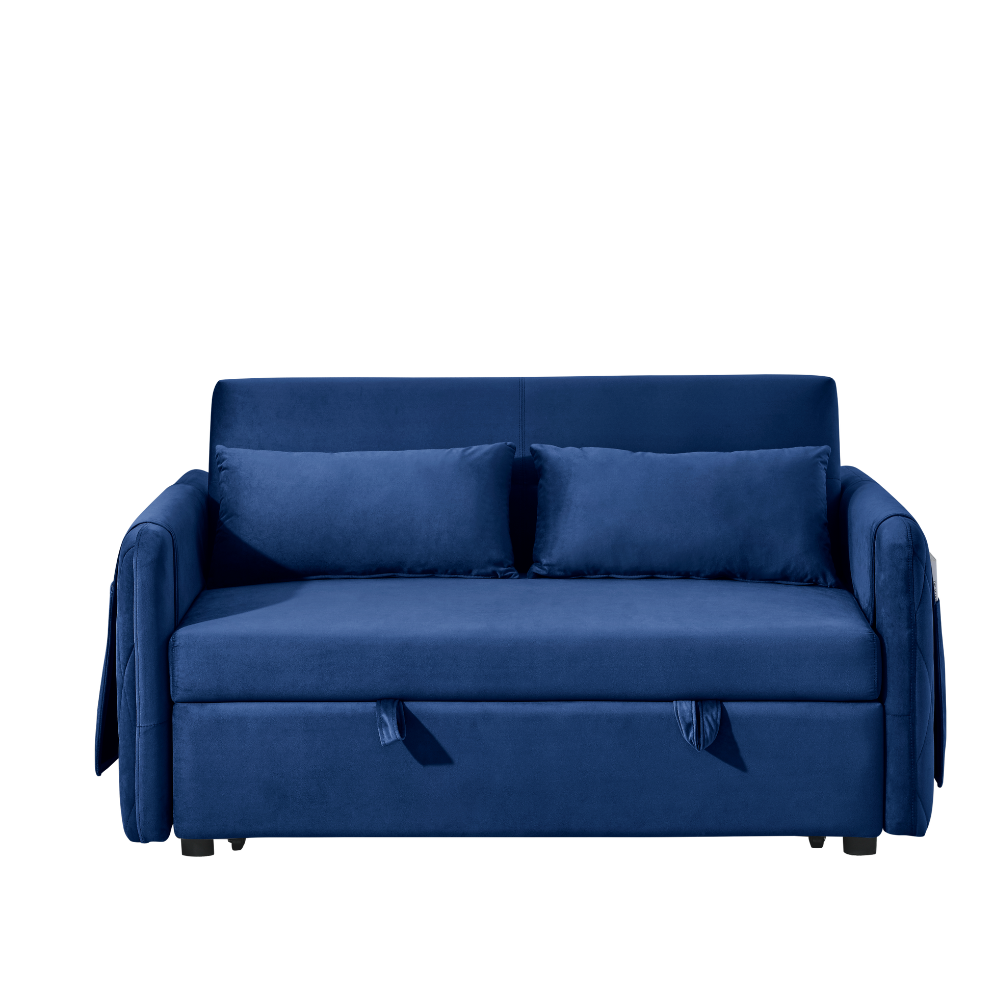 55" Modern Convertible Sofa Bed With 2 Detachable Arm Pockets, Velvet Loveseat Sofa With Pull Out Bed, 2 Pillows And Living Room Adjustable Backrest, Grid Design Armrests Blue Foam Velvet