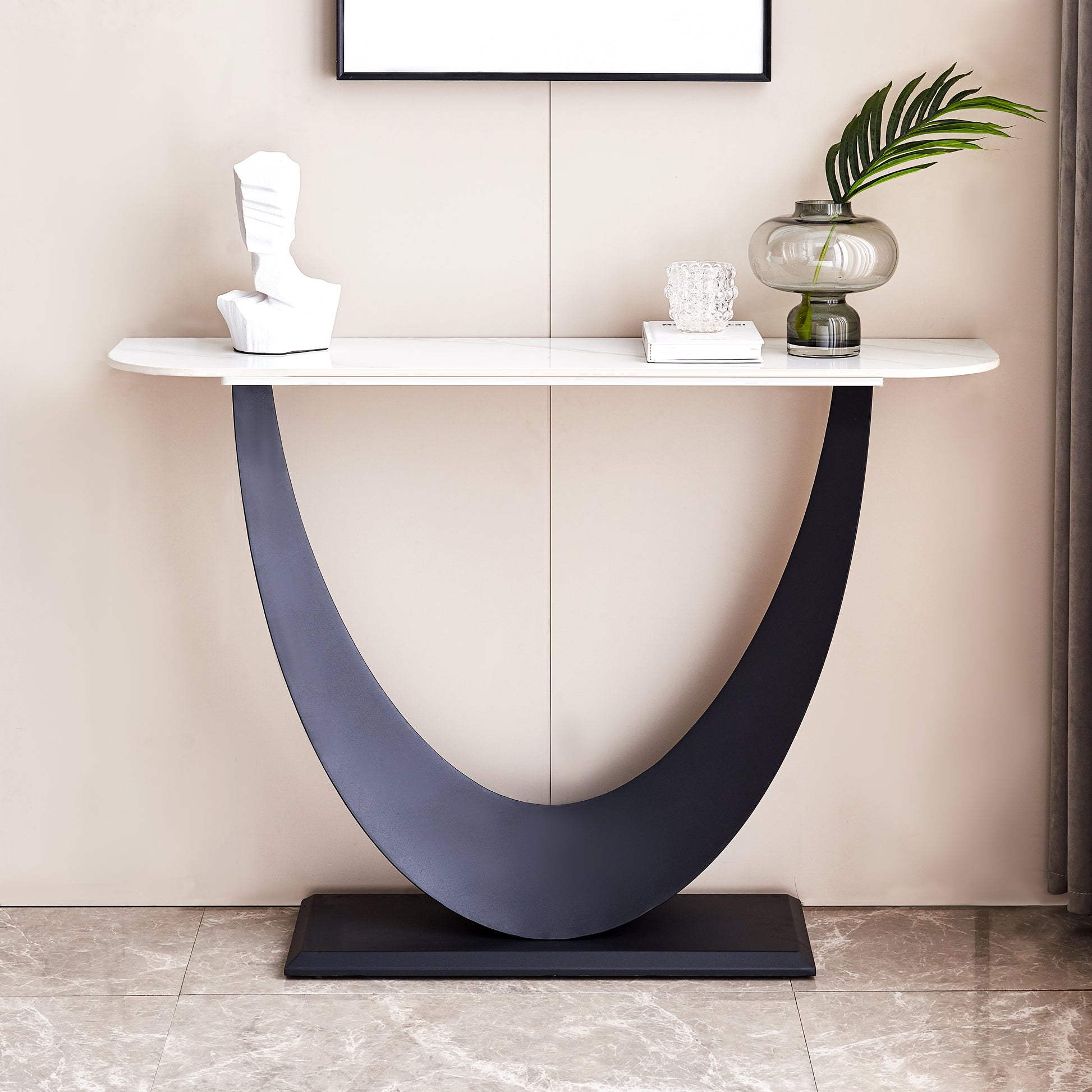 Modern Console Table, Exquisite Shape Design, Metal Frame With Adjustable Foot Pads For Entrance, Corridor, Living Room & Office. Black Black Steel