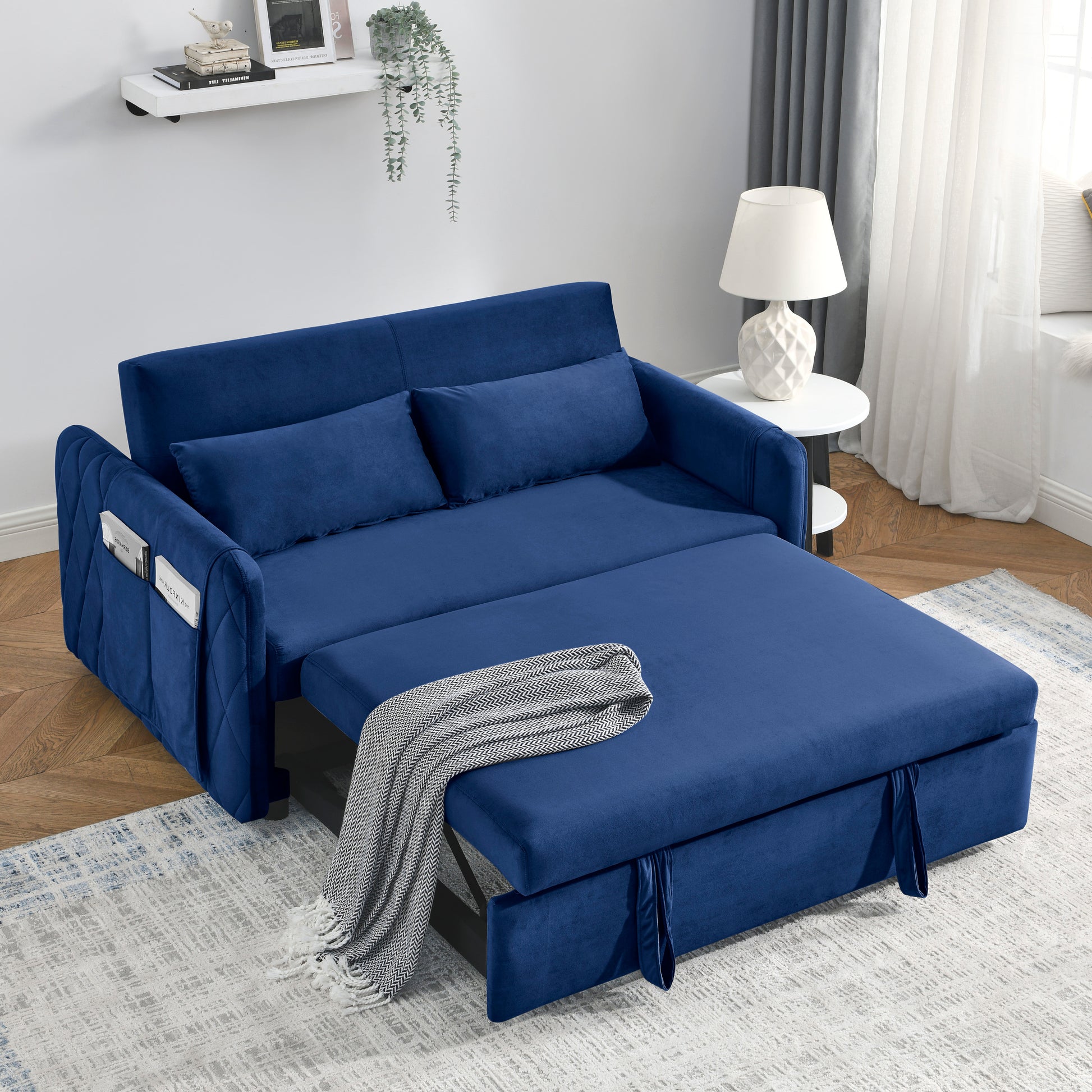 55" Modern Convertible Sofa Bed With 2 Detachable Arm Pockets, Velvet Loveseat Sofa With Pull Out Bed, 2 Pillows And Living Room Adjustable Backrest, Grid Design Armrests Blue Foam Velvet