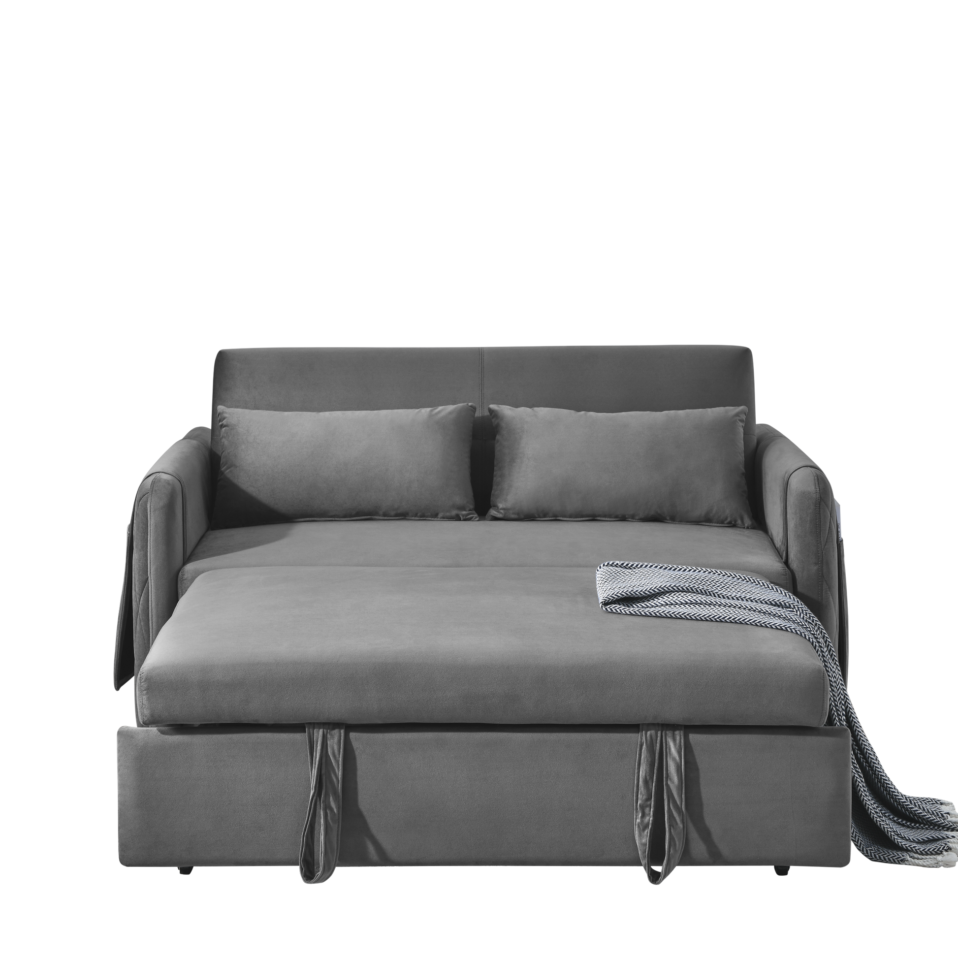 55" Modern Convertible Sofa Bed With 2 Detachable Arm Pockets, Velvet Loveseat Sofa With Pull Out Bed, 2 Pillows And Living Room Adjustable Backrest, Grid Design Armrests Grey Foam Velvet