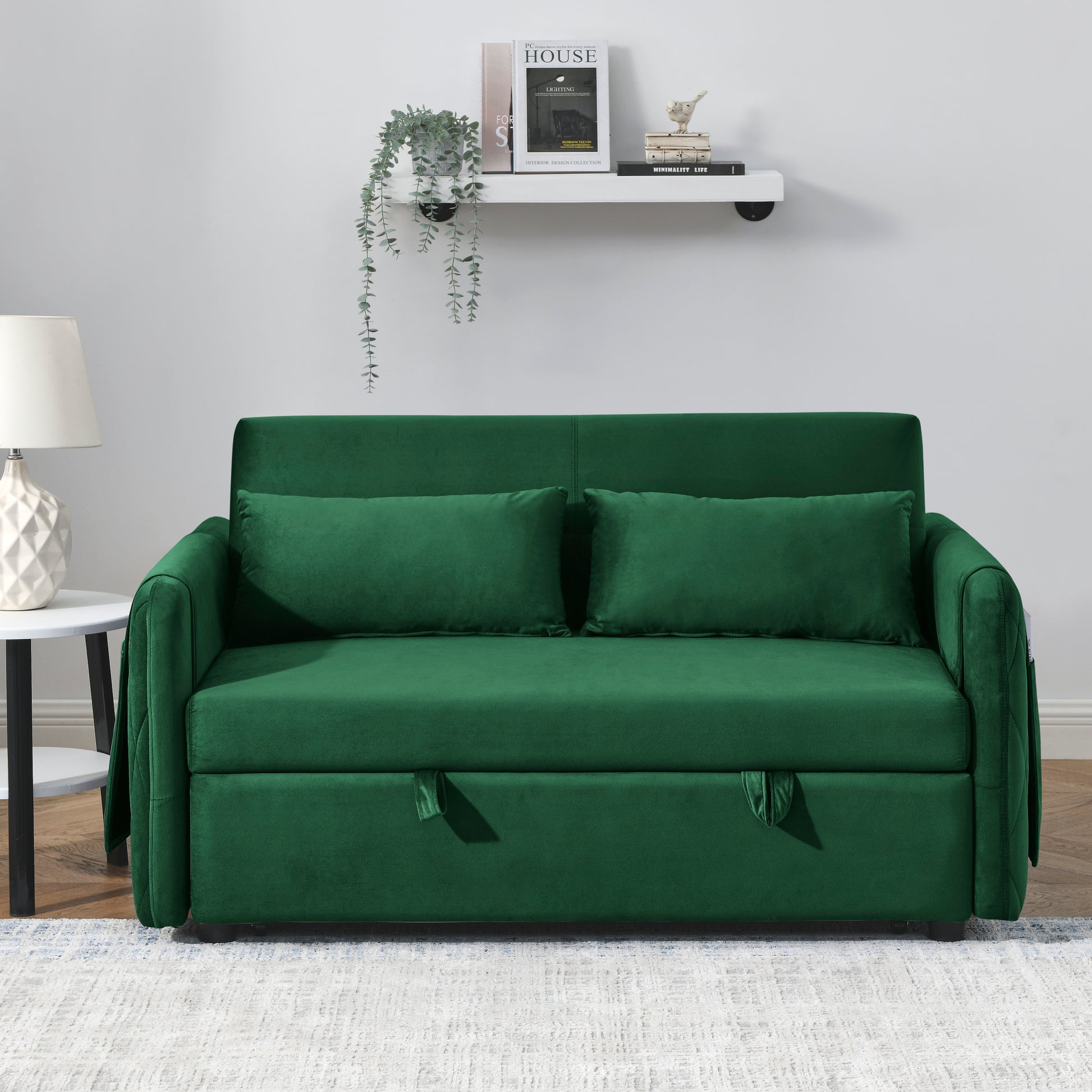 55" Modern Convertible Sofa Bed With 2 Detachable Arm Pockets, Velvet Loveseat Sofa With Pull Out Bed, 2 Pillows And Living Room Adjustable Backrest, Grid Design Armrests Green Foam Velvet