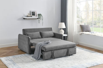 55" Modern Convertible Sofa Bed With 2 Detachable Arm Pockets, Velvet Loveseat Sofa With Pull Out Bed, 2 Pillows And Living Room Adjustable Backrest, Grid Design Armrests Grey Foam Velvet