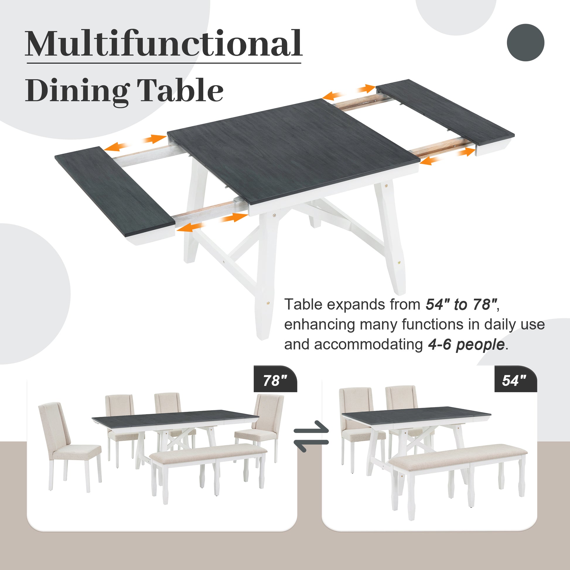 6 Piece Classic Dining Table Set, Rectangular Extendable Dining Table With Two 12"W Removable Leaves And 4 Upholstered Chairs & 1 Bench For Dining Room Gray White White Gray Solid Wood