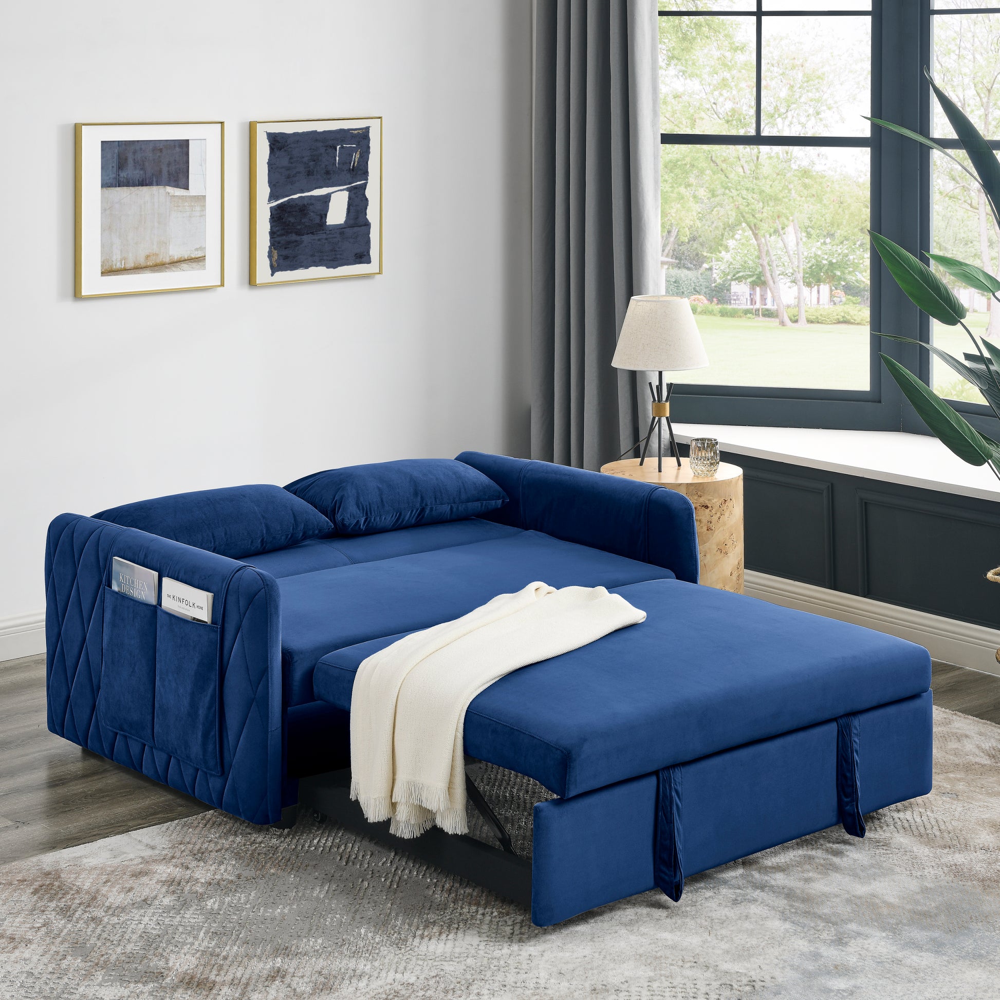 55" Modern Convertible Sofa Bed With 2 Detachable Arm Pockets, Velvet Loveseat Sofa With Pull Out Bed, 2 Pillows And Living Room Adjustable Backrest, Grid Design Armrests Blue Foam Velvet