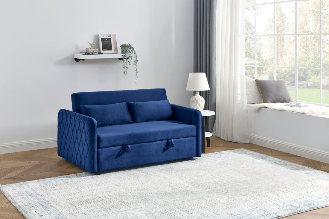 55" Modern Convertible Sofa Bed With 2 Detachable Arm Pockets, Velvet Loveseat Sofa With Pull Out Bed, 2 Pillows And Living Room Adjustable Backrest, Grid Design Armrests Blue Foam Velvet