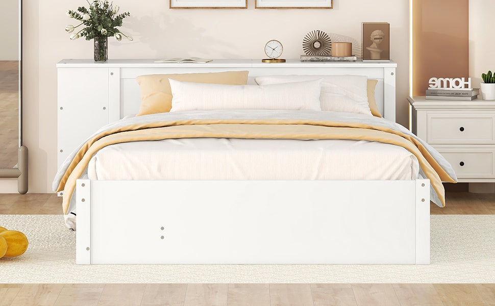 Full Size Platform Bed With A Rolling Shelf, White White Solid Wood Mdf