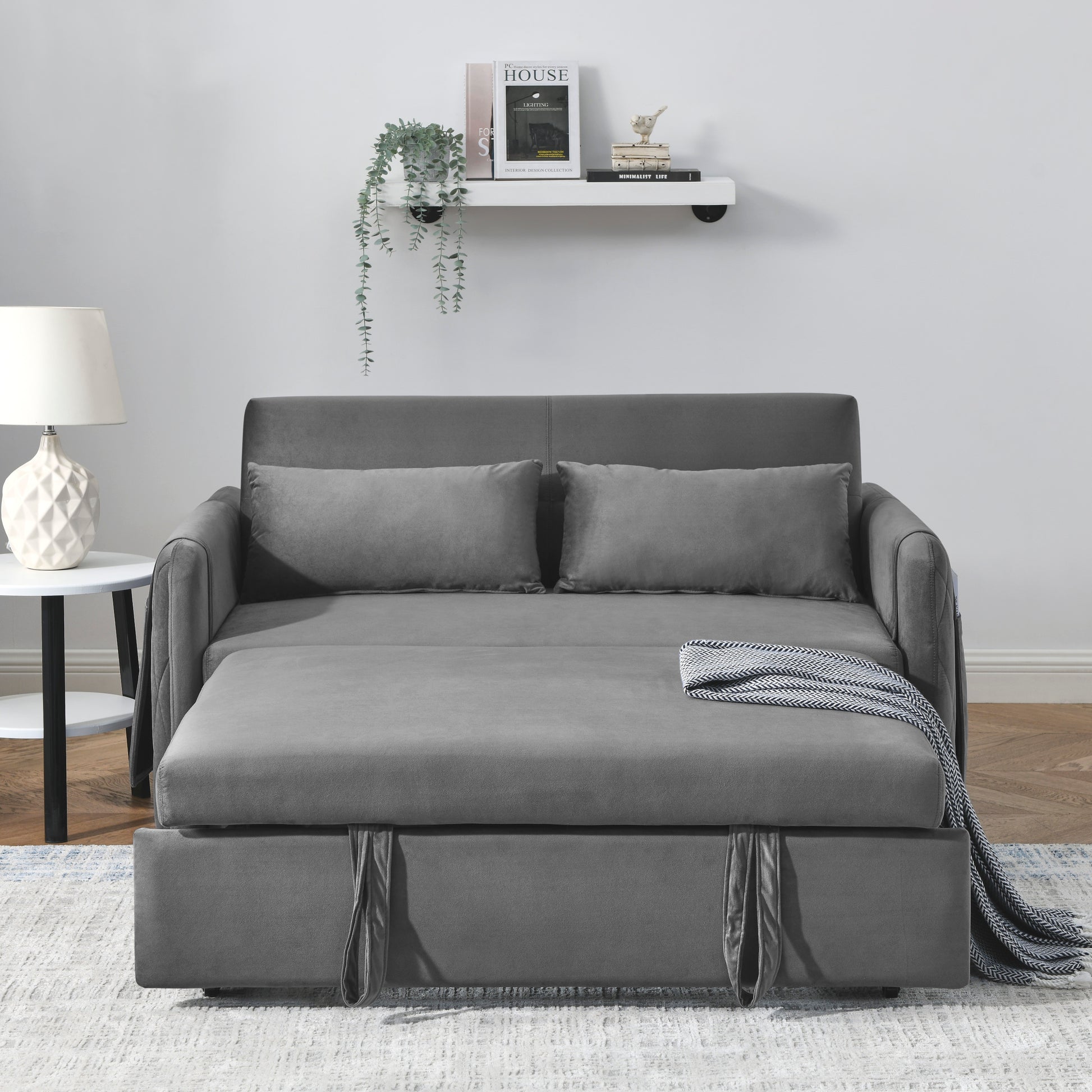 55" Modern Convertible Sofa Bed With 2 Detachable Arm Pockets, Velvet Loveseat Sofa With Pull Out Bed, 2 Pillows And Living Room Adjustable Backrest, Grid Design Armrests Grey Foam Velvet