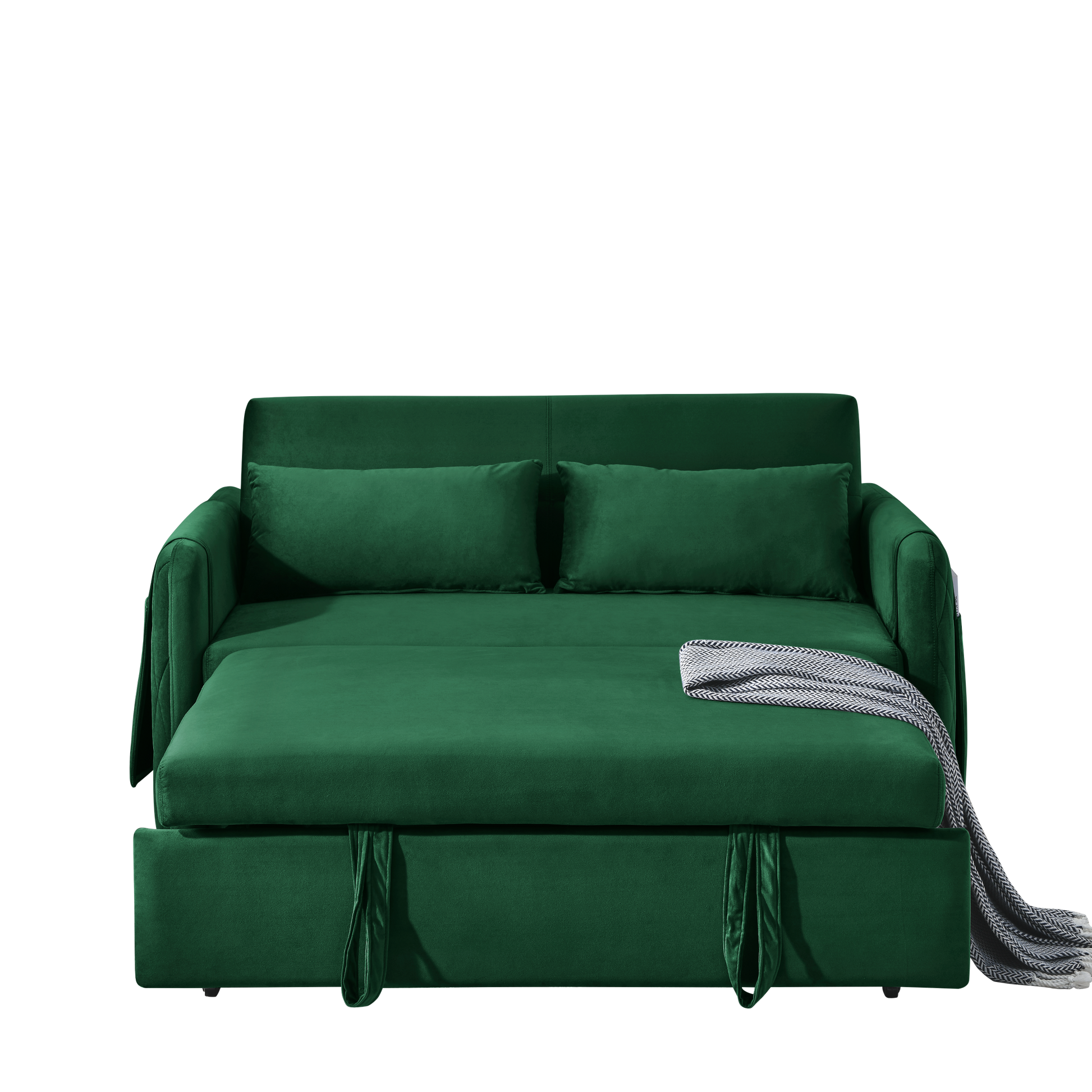 55" Modern Convertible Sofa Bed With 2 Detachable Arm Pockets, Velvet Loveseat Sofa With Pull Out Bed, 2 Pillows And Living Room Adjustable Backrest, Grid Design Armrests Green Foam Velvet