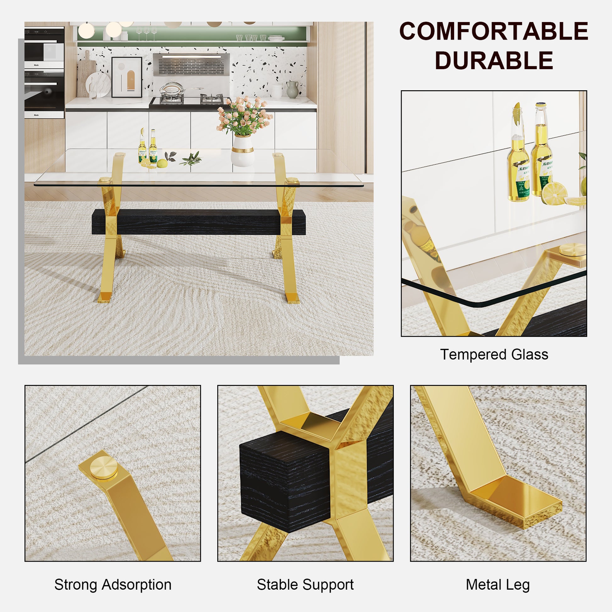 Dining Table. Modern Tempered Glass Dining Table. Large Modern Office Desk With Gold Plated Metal Legs And Mdf Crossbars, Suitable For Both Home And Office Use. Kitchen. 79 ''X39''X30 '' 1105 Transparent Glass