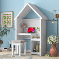 House Shaped Kids Desk With A Cushion Stool,House Style Desk And Stool Set,White White Bedroom American Design Pine Pine