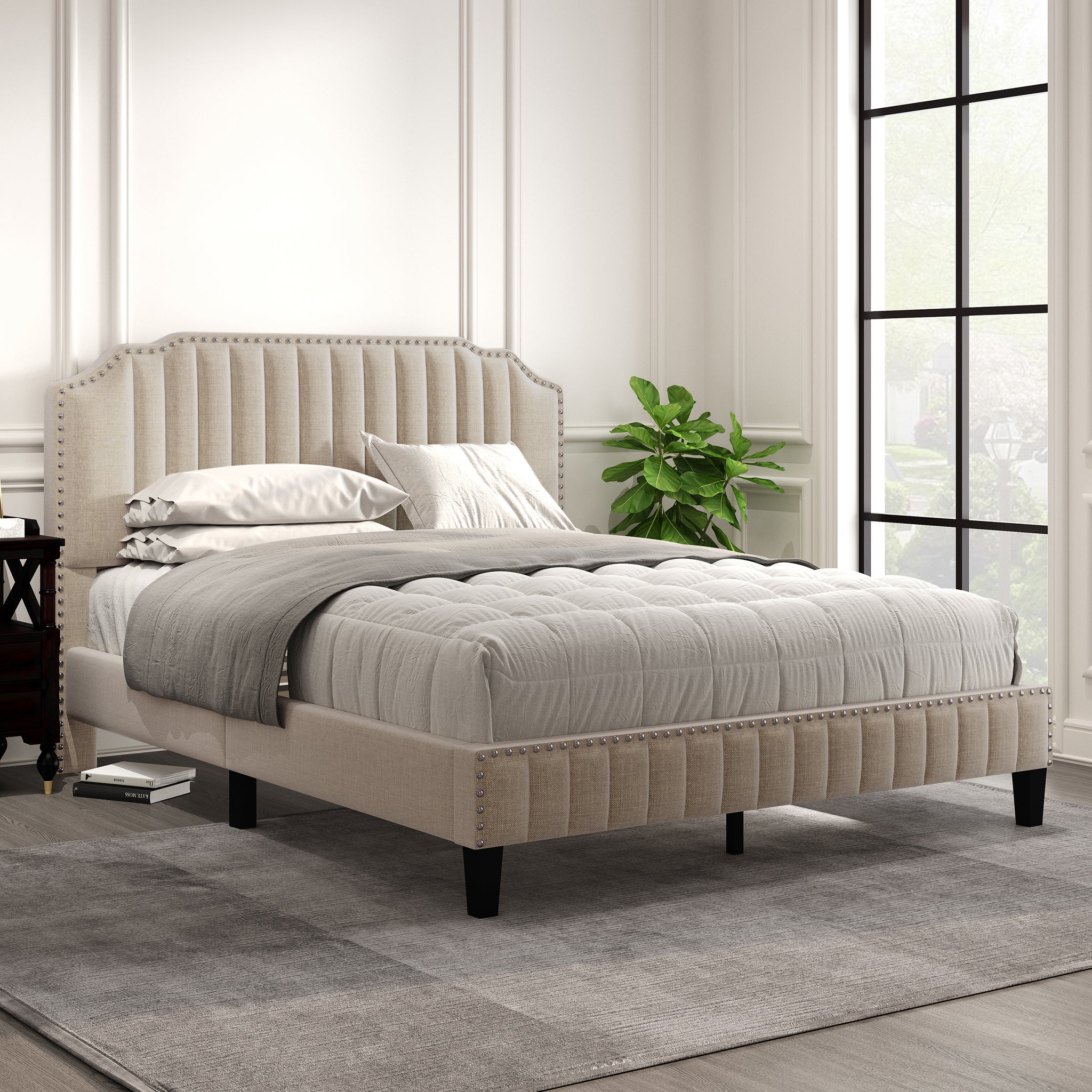 Modern Linen Curved Upholstered Platform Bed , Solid beige-upholstered