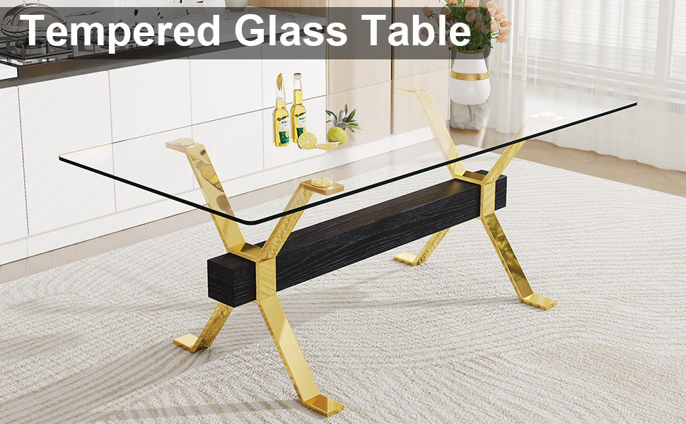 1 Table And 8 Chairs. Modern, Simple And Luxurious Tempered Glass Rectangular Dining Table And Desk With 8 White Pu Gold Plated Leg Chairs 79''X39''X30'' Transparent Glass