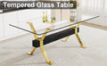 1 Table And 6 Chairs. Modern Simple Luxury Tempered Glass Rectangular Dining Table And Desk With 6 Black Pu Gold Plated Leg Chairs 79''X39''X30'' Transparent Glass