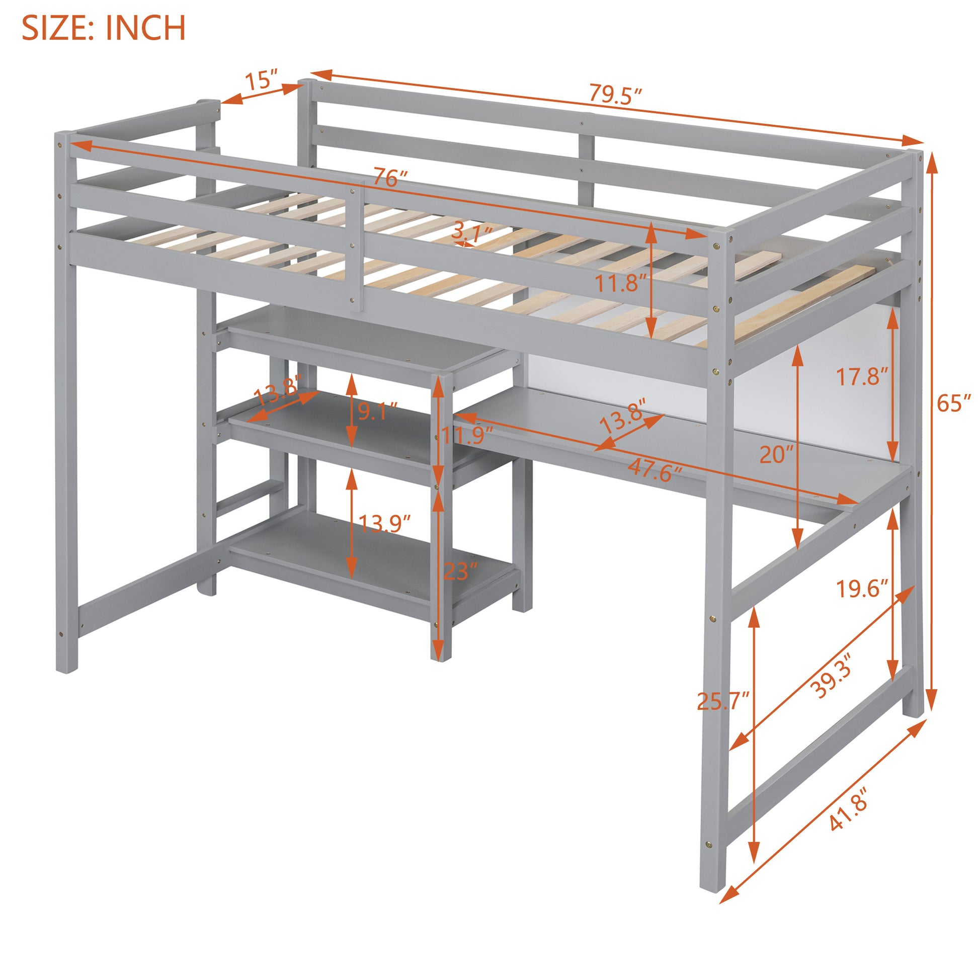 Twin Size Wooden Loft Bed With Shelves, Desk And Writing Board Gray Gray Solid Wood Mdf