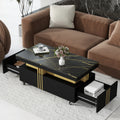 Contemporary Coffee Table With Faux Marble Top, Rectangle Cocktail Table With Caster Wheels, Moderate Luxury Center Table With Gold Metal Bars For Living Room, Black Black Casters Or Wheels Primary Living Space Freestanding Rectangular Drawers Coffee &