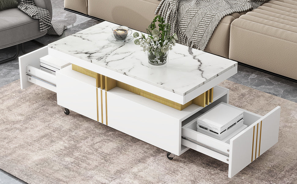 Contemporary Coffee Table With Faux Marble Top, Rectangle Cocktail Table With Caster Wheels, Moderate Luxury Center Table With Gold Metal Bars For Living Room, White White Casters Or Wheels Primary Living Space Freestanding Rectangular Drawers Coffee &