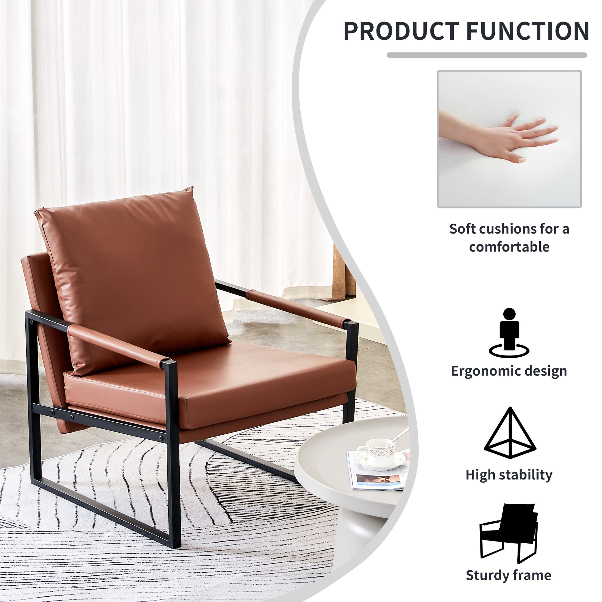 2 Piece Set Of Sofa Chairs. Pu Leather Armchair Modern Metal Frame Upholstered Armchair Super Thick Upholstered Backrest And Cushion Living Room Sofa Chair Brown Pu Leather Metal Frame Foam Sf 008 Brown Foam Pu