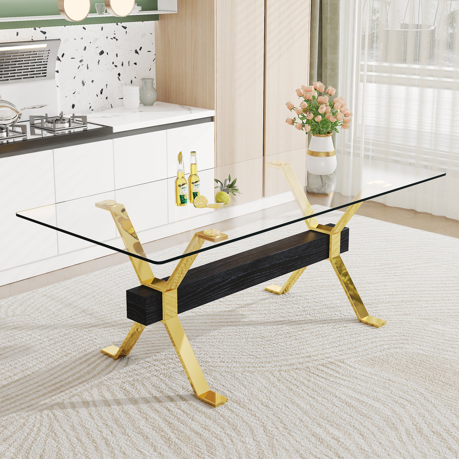 Dining Table. Modern Tempered Glass Dining Table. Large Modern Office Desk With Gold Plated Metal Legs And Mdf Crossbars, Suitable For Both Home And Office Use. Kitchen. 79 ''X39''X30 '' 1105 Transparent Glass