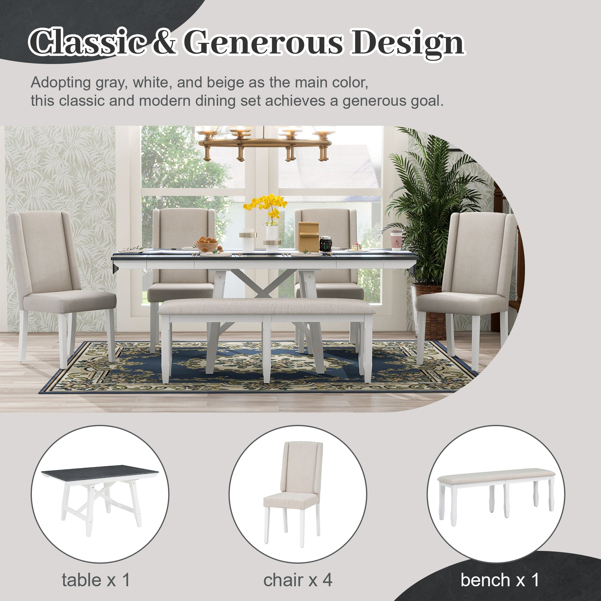 6 Piece Classic Dining Table Set, Rectangular Extendable Dining Table With Two 12"W Removable Leaves And 4 Upholstered Chairs & 1 Bench For Dining Room Gray White White Gray Solid Wood