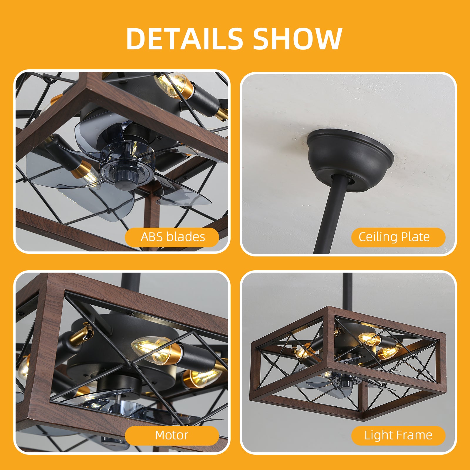 18inch Caged Ceiling Fan with Lights Remote Control brown-retro-iron