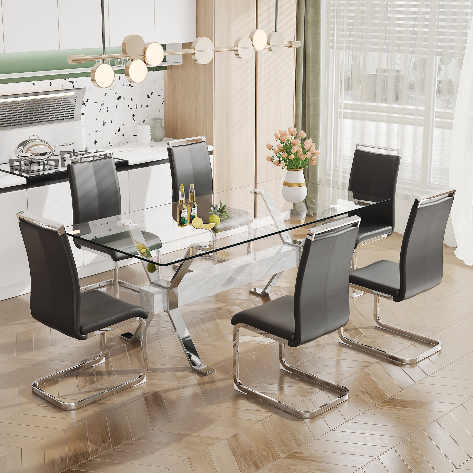 Dining Table. Modern Tempered Glass Dining Table. Large Modern Office Desk With Silver Plated Metal Legs And Mdf Crossbars, Suitable For Both Home And Office Use. Kitchen. 79 ''X39''X30 '' 1105 Transparent Glass