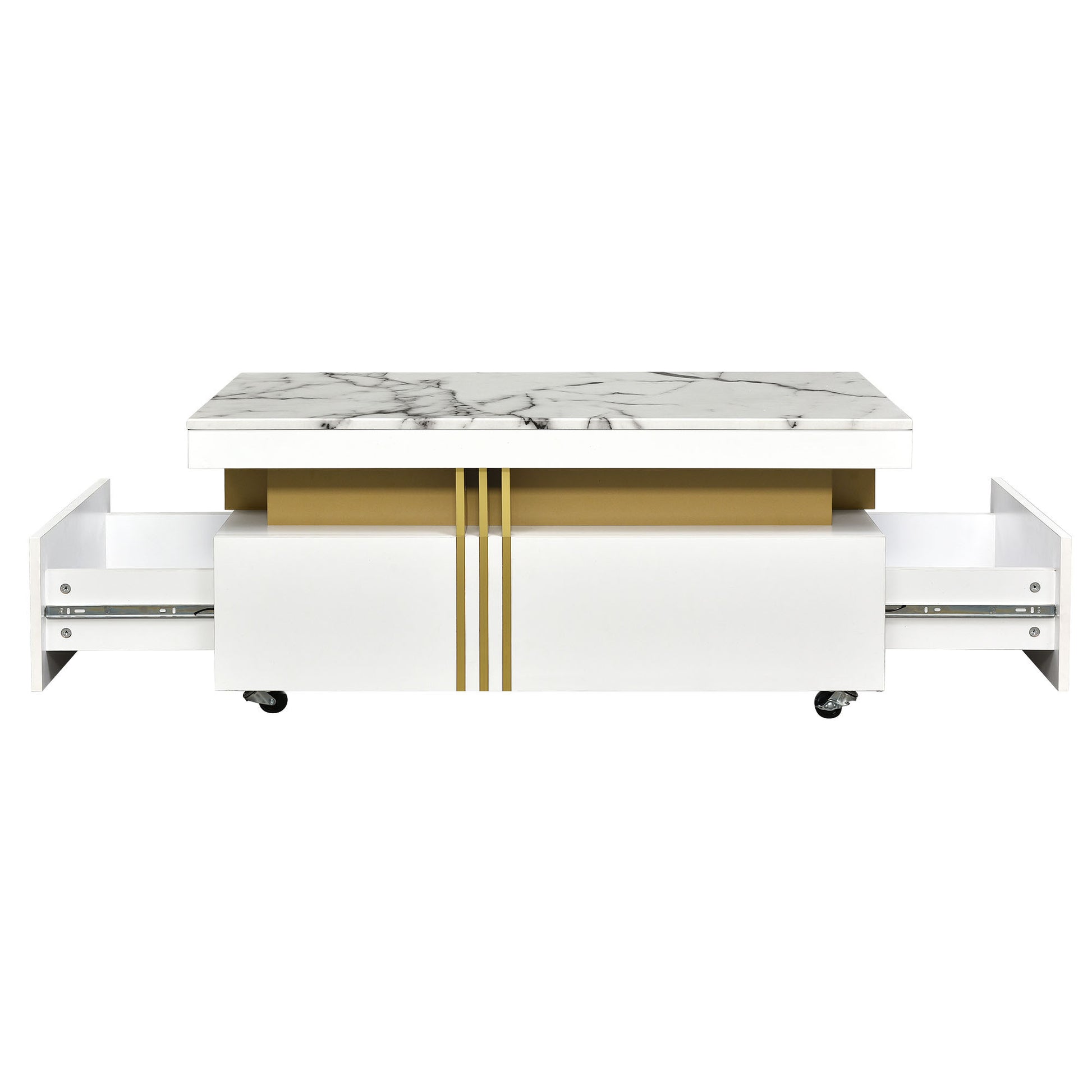 Contemporary Coffee Table With Faux Marble Top, Rectangle Cocktail Table With Caster Wheels, Moderate Luxury Center Table With Gold Metal Bars For Living Room, White White Casters Or Wheels Primary Living Space Freestanding Rectangular Drawers Coffee &