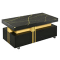 Contemporary Coffee Table With Faux Marble Top, Rectangle Cocktail Table With Caster Wheels, Moderate Luxury Center Table With Gold Metal Bars For Living Room, Black Black Casters Or Wheels Primary Living Space Freestanding Rectangular Drawers Coffee &