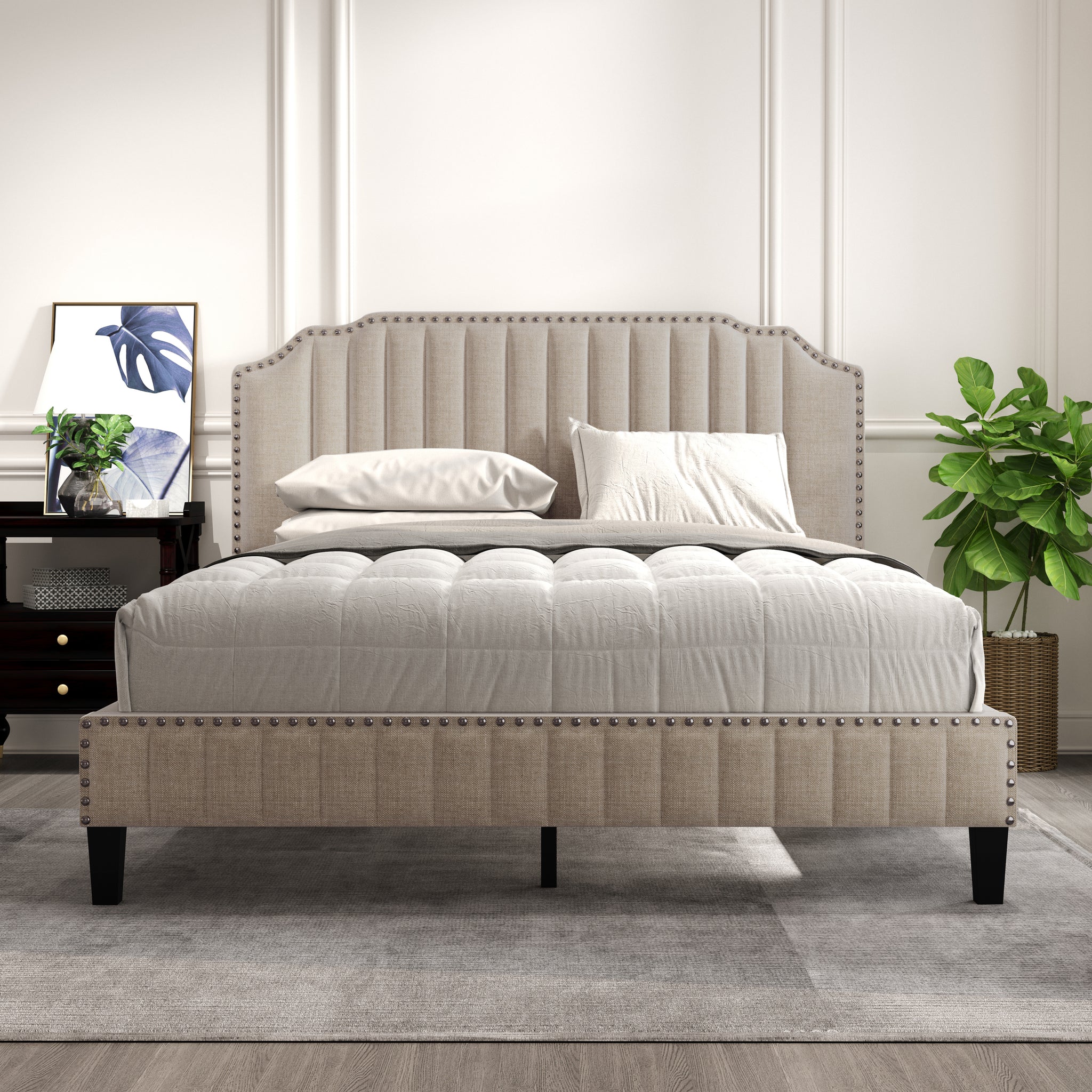 3 Pieces Bedroom Set Modern Linen Curved Upholstered beige-upholstered