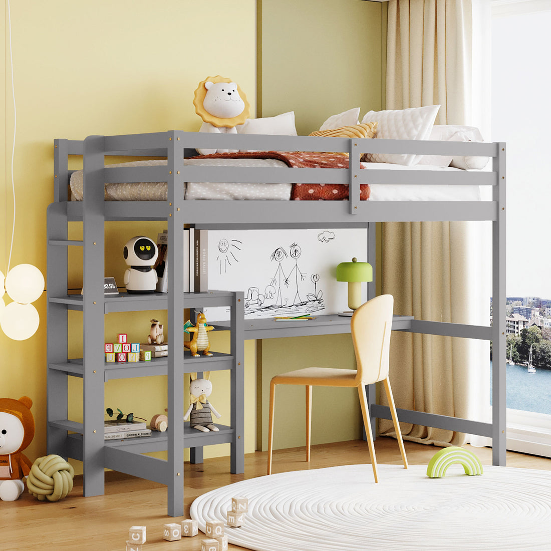 Twin Size Wooden Loft Bed With Shelves, Desk And Writing Board Gray Gray Solid Wood Mdf