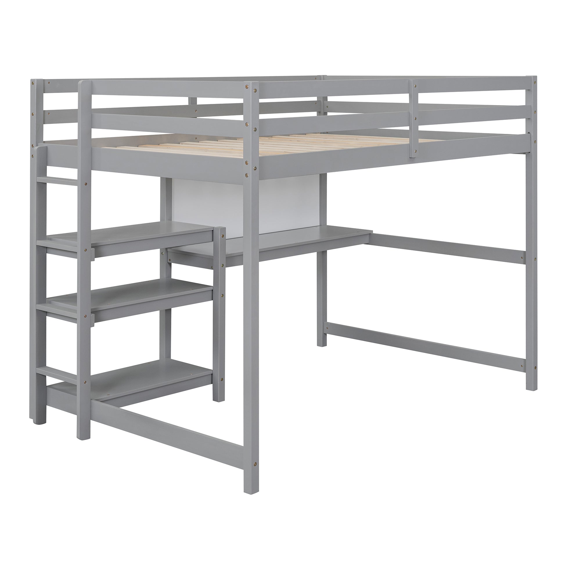 Full Size Wooden Loft Bed With Shelves, Desk And Writing Board Gray Full Gray Solid Wood Mdf