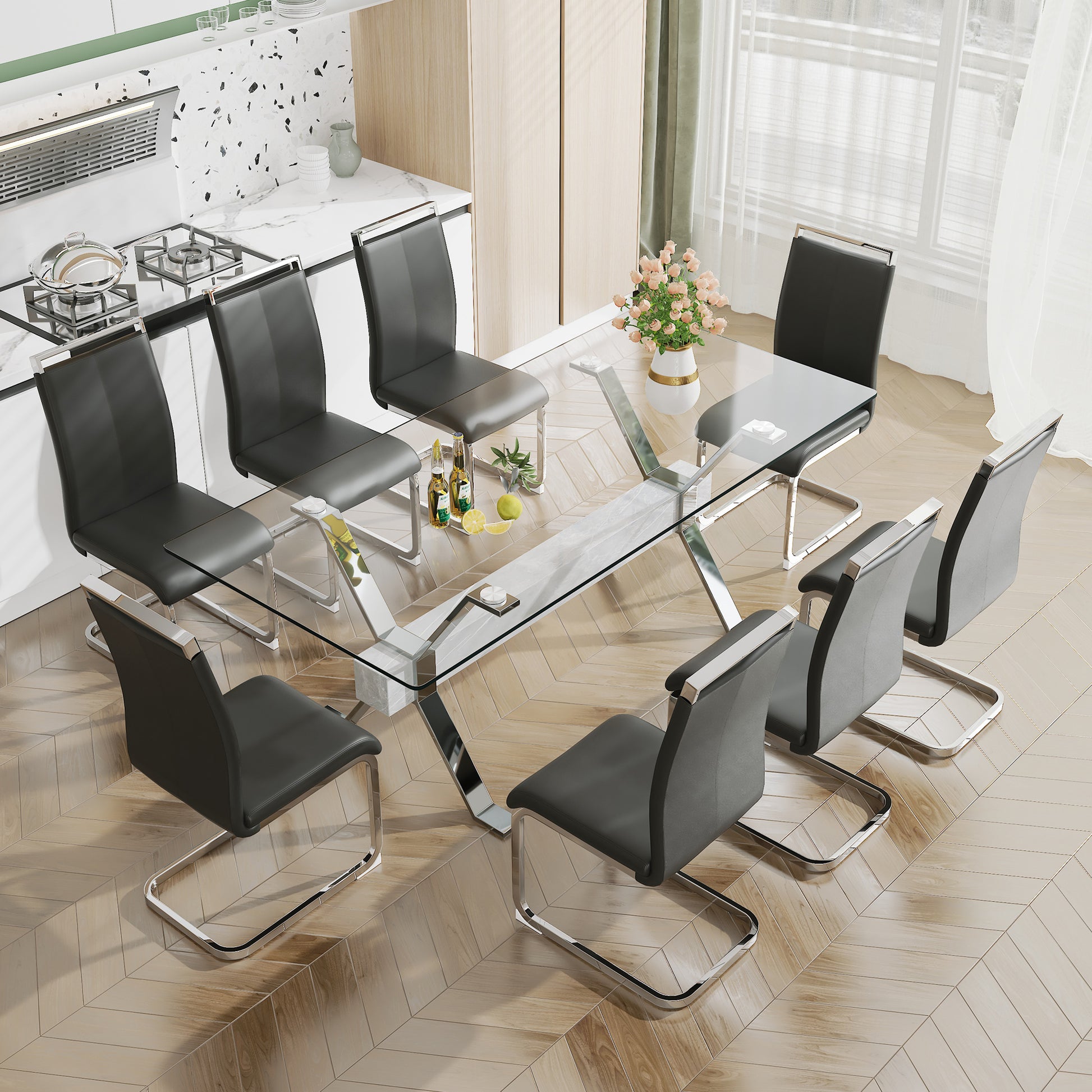 Dining Table. Modern Tempered Glass Dining Table. Large Modern Office Desk With Silver Plated Metal Legs And Mdf Crossbars, Suitable For Both Home And Office Use. Kitchen. 79 ''X39''X30 '' 1105 Transparent Glass