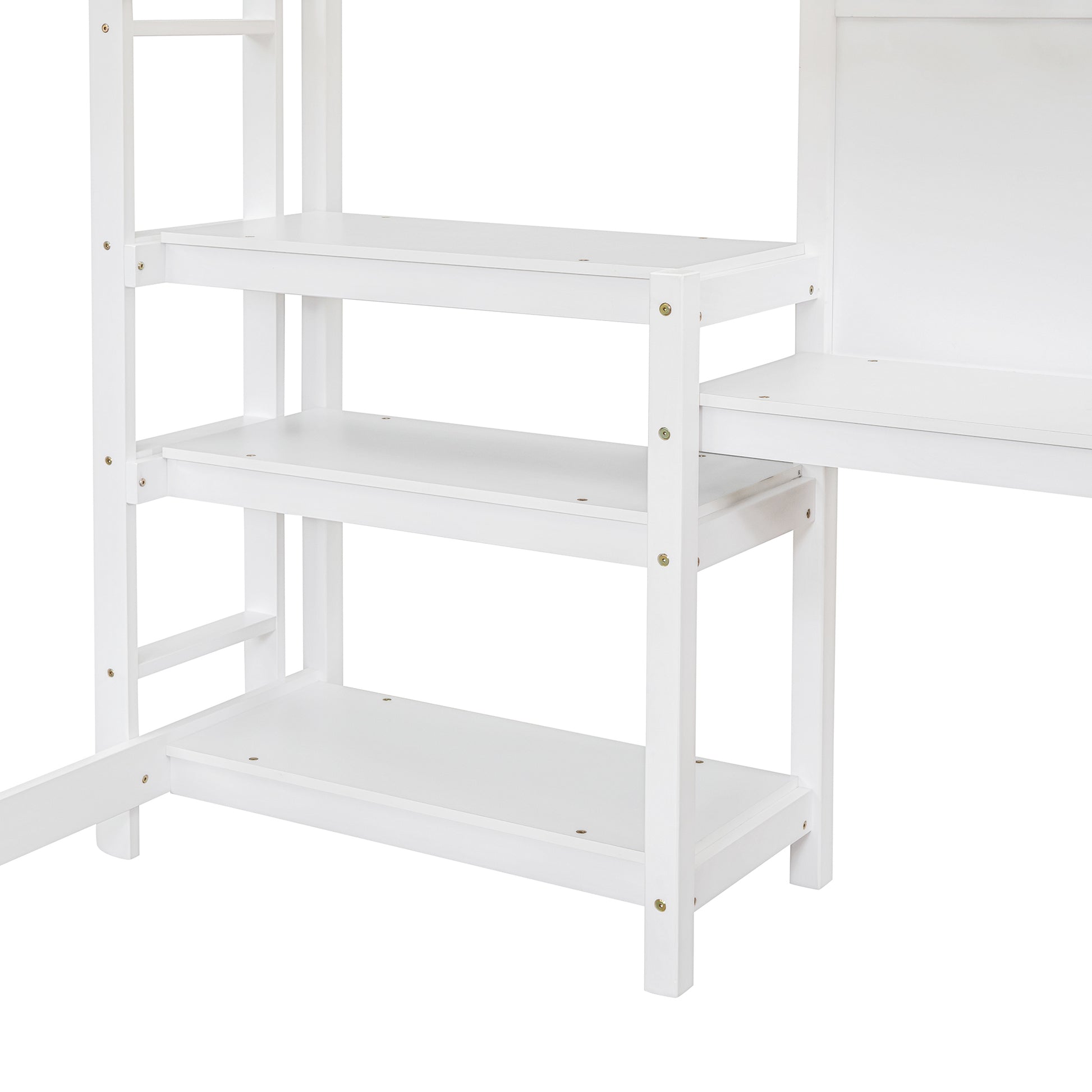 Full Size Wooden Loft Bed With Shelves, Desk And Writing Board White Full White Solid Wood Mdf