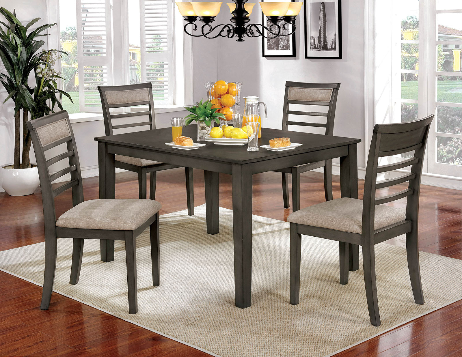 5 Pc Dining Table Set Weathered Gray Dining Chairs & Table Solid Wood Beige Padded Fabric Cushions Slat Back Chair Dining Room Furniture Gray Wood Dining Room Solid Wood Rectangular Dining Table With Chair Wood Upholstered Chair Gray Beige Slat Back