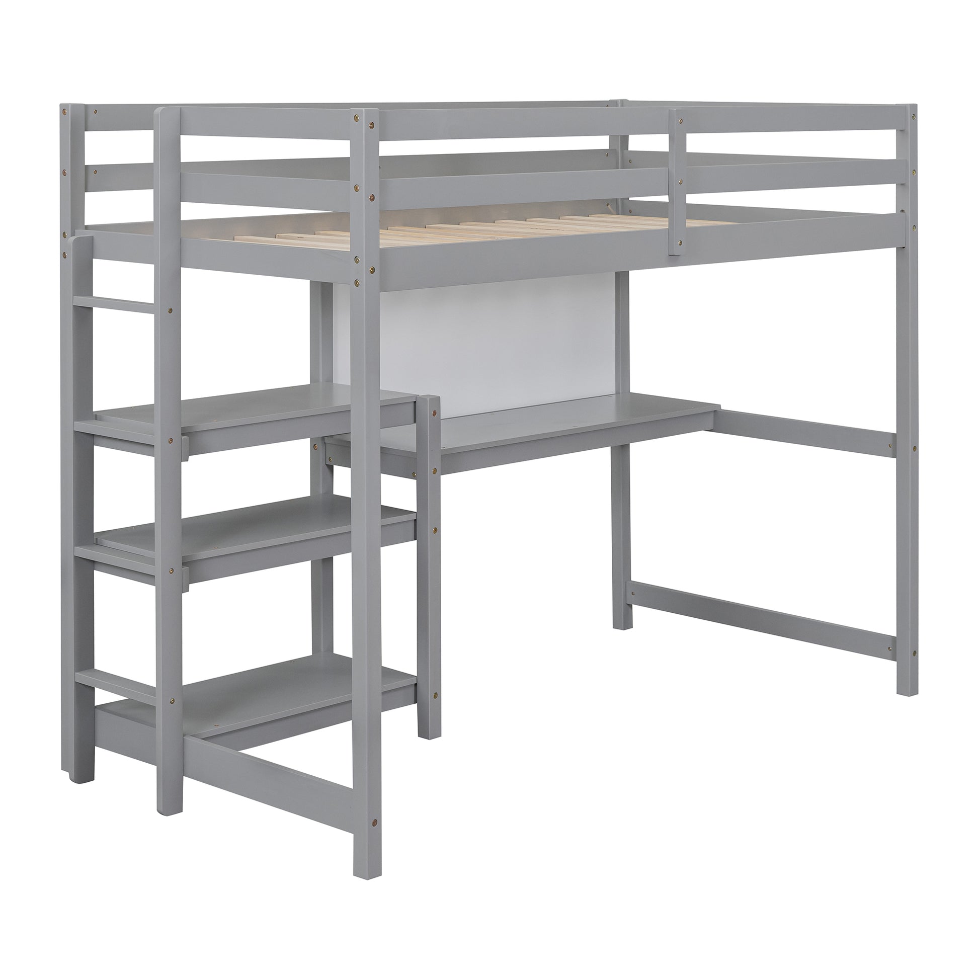 Twin Size Wooden Loft Bed With Shelves, Desk And Writing Board Gray Gray Solid Wood Mdf